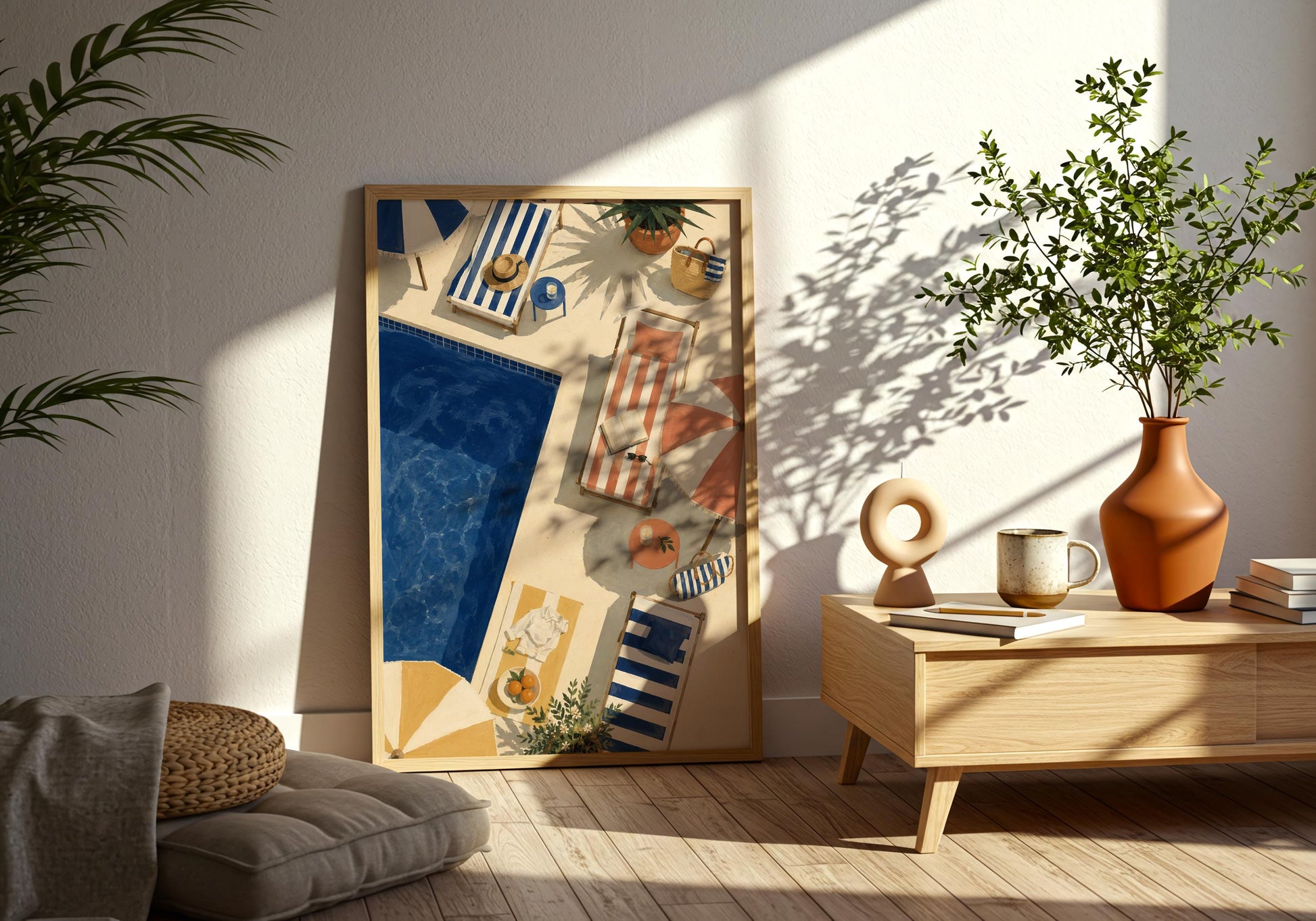 Mediterranean bathroom art featuring a tranquil swimming pool and vintage-inspired striped resort furniture viewed from above.