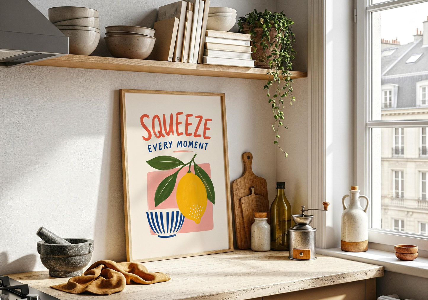 Bright fruit wall art combining playful hand-painted typography with lemon imagery and a colourful retro-inspired palette.