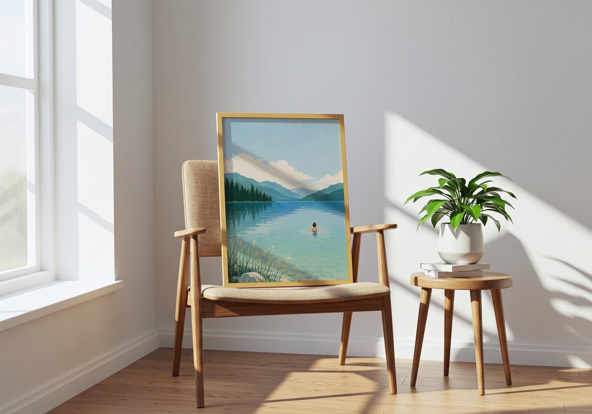Vintage-inspired landscape artwork with clear turquoise lake water, distant mountains and evergreen forest.