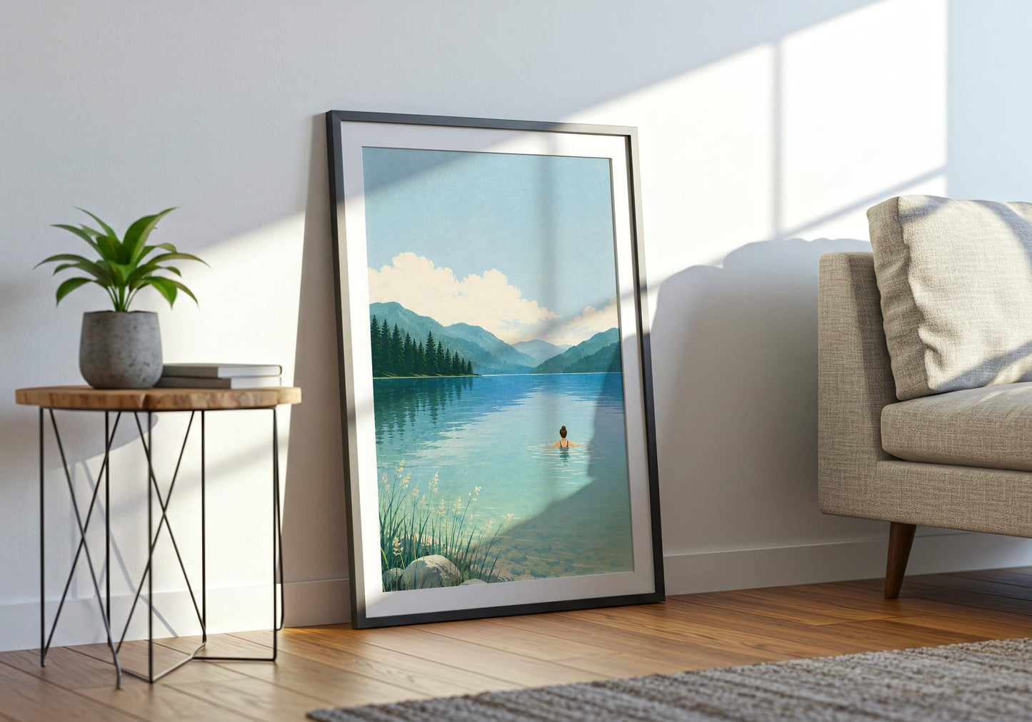 Nature wall art showing a lone swimmer surrounded by expansive blue water and layered mountain scenery.