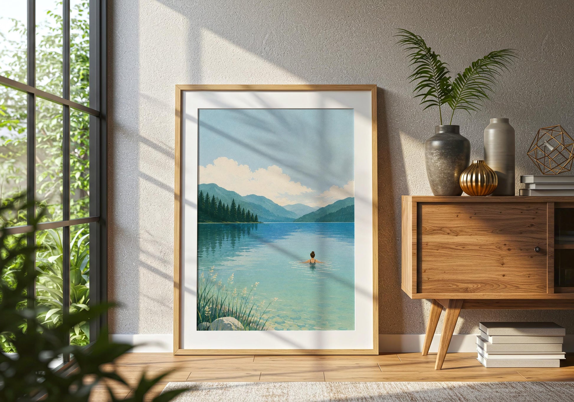 Framed wild swimming print displayed in a bright interior, featuring a peaceful mountain lake and distant forest landscape.