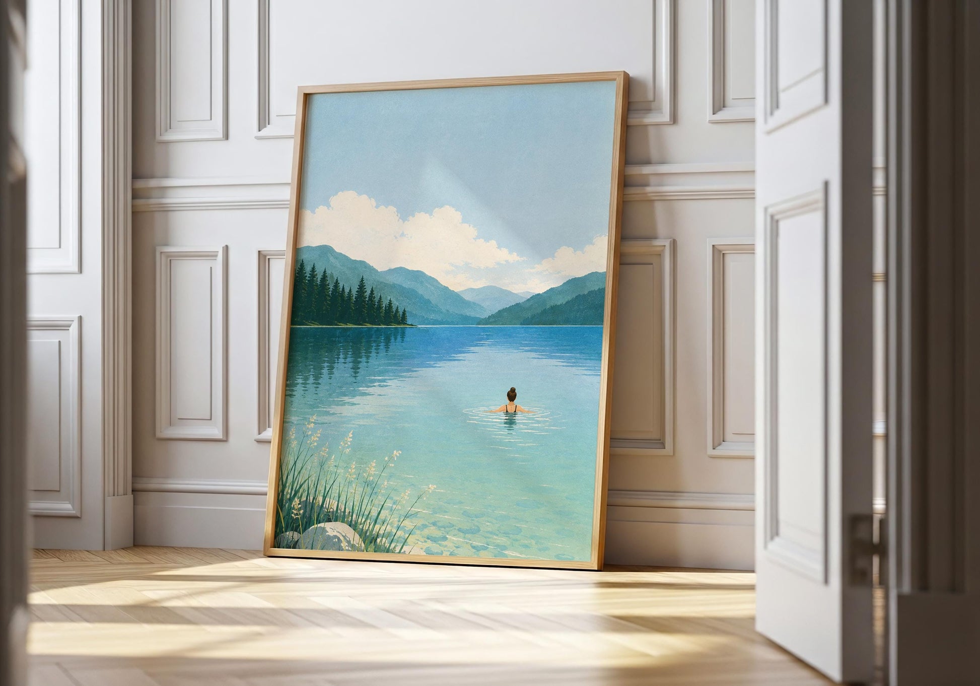 Wild swimming wall art showing a solitary swimmer in a calm blue mountain lake surrounded by pine-covered hills.