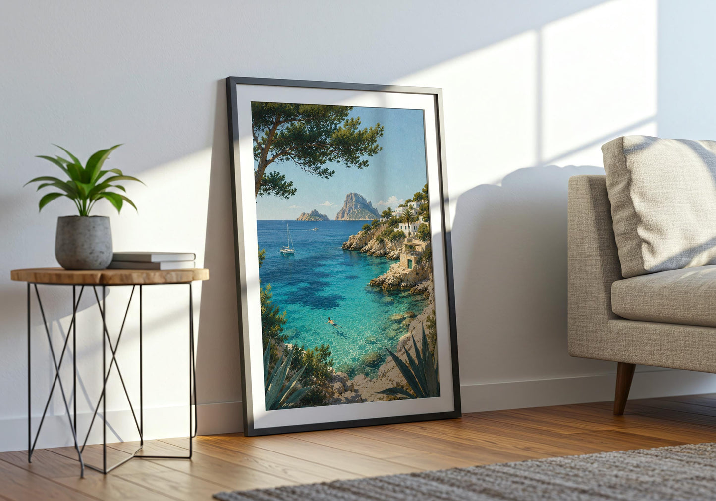 Scenic Ibiza-inspired travel art with a swimmer in turquoise water, sailing boats and dramatic rocky formations in the distance.
