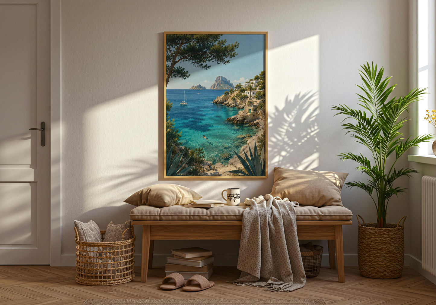Spanish coastal wall art in blue, turquoise, cream and green tones with boats floating on calm Mediterranean water.