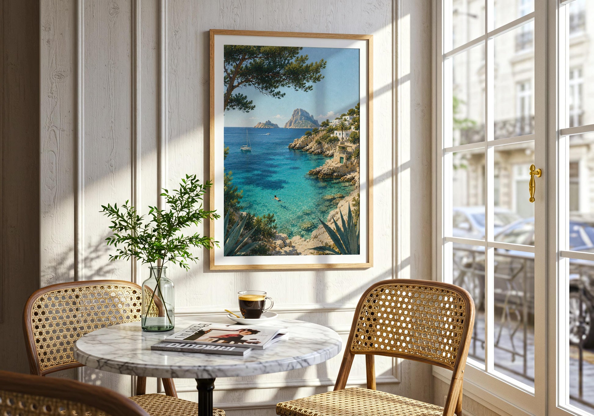 Large coastal art print in a natural wood frame, styled in a bright neutral room with warm sunlight across the floor.