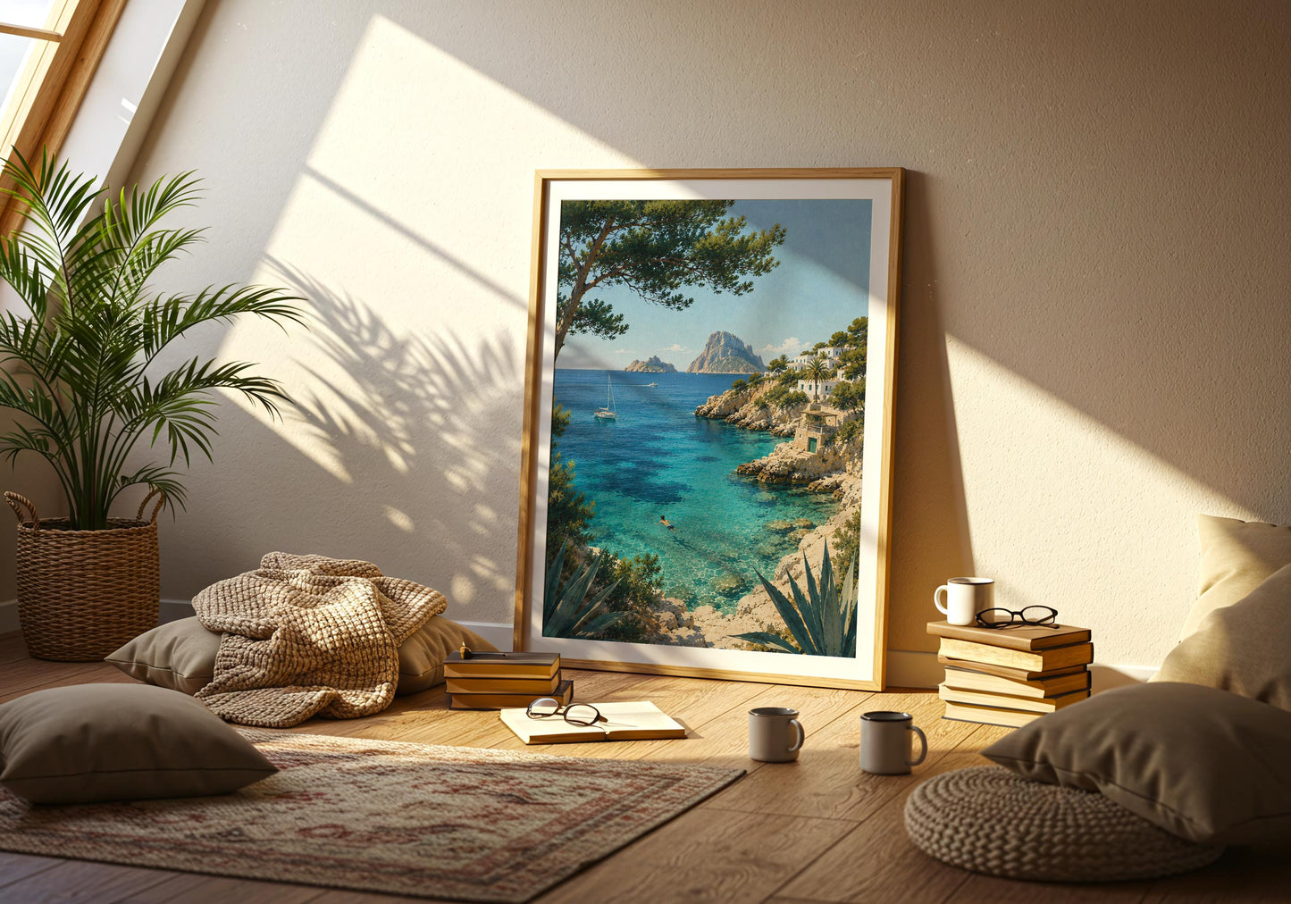 Vintage-inspired Ibiza art print showing a secluded Balearic cove surrounded by rocky coastline and Mediterranean vegetation.