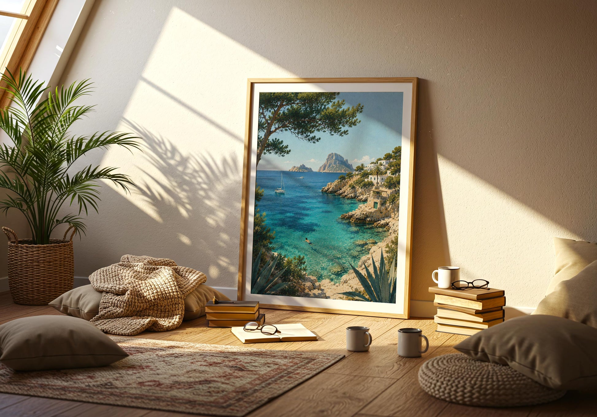 Vintage-inspired Ibiza art print showing a secluded Balearic cove surrounded by rocky coastline and Mediterranean vegetation.