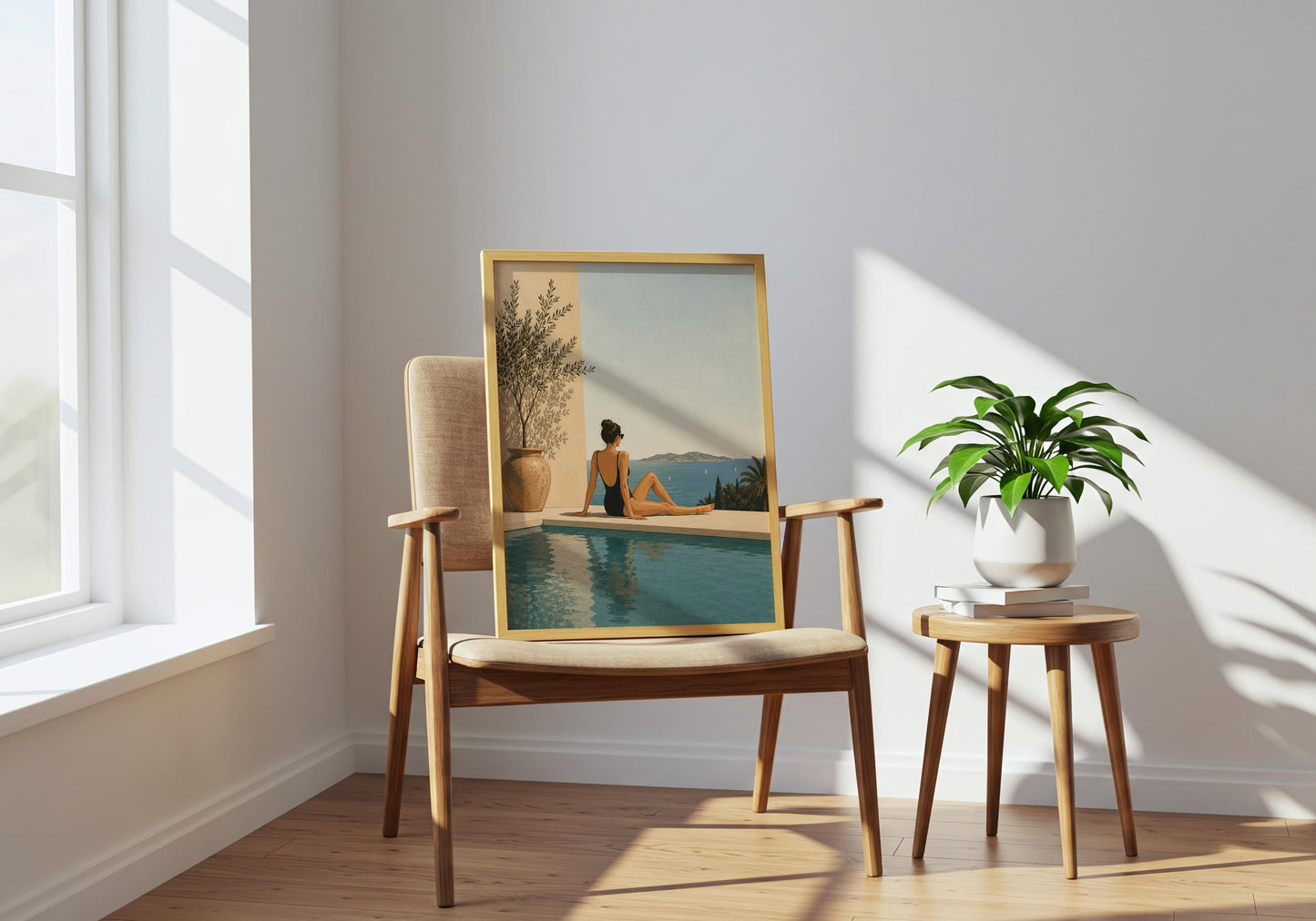 Framed European summer wall art featuring a sunlit terrace, calm ocean, distant islands and elegant poolside scene.