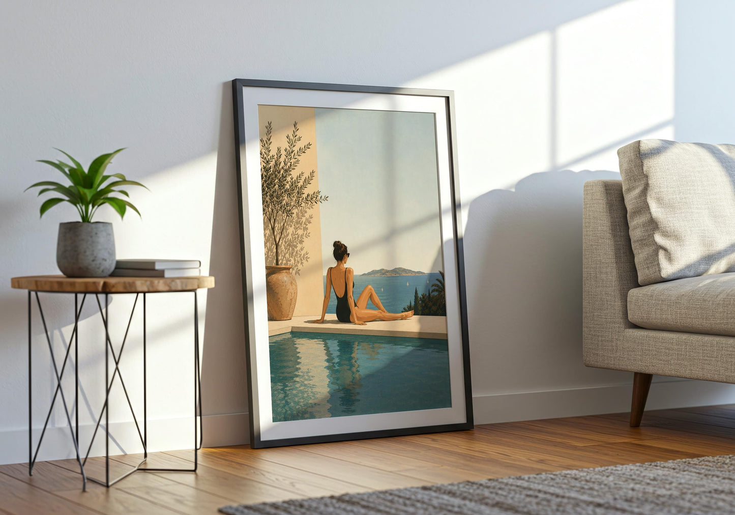 Quiet luxury wall decor in soft aqua, cream, sand and olive tones inspired by an elegant Mediterranean resort.