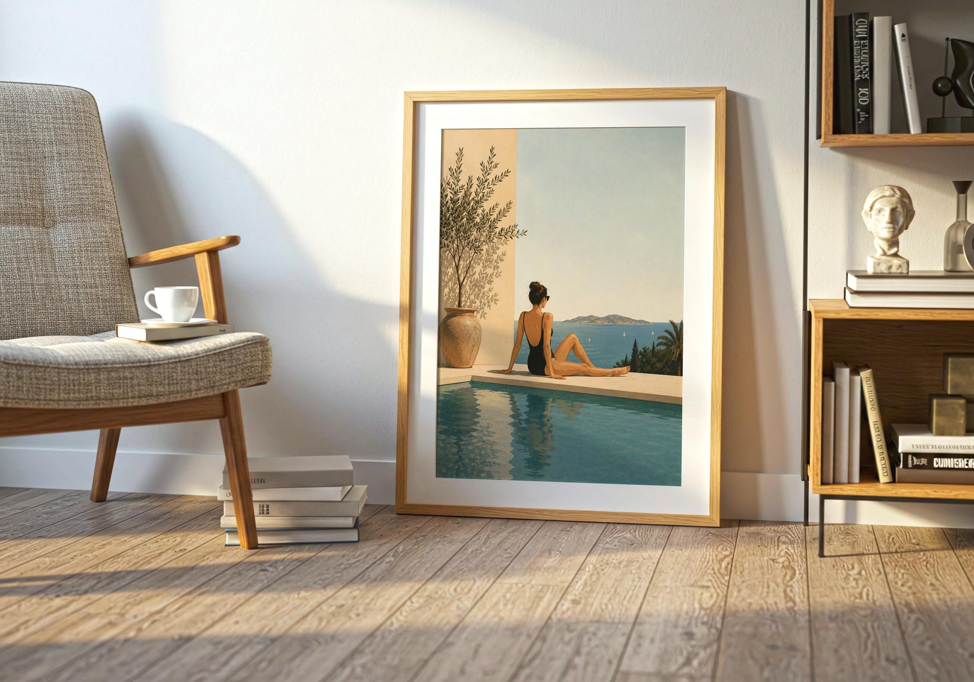 Modern Mediterranean wall art with a female figure in a black swimsuit beside an olive tree and large terracotta pot.