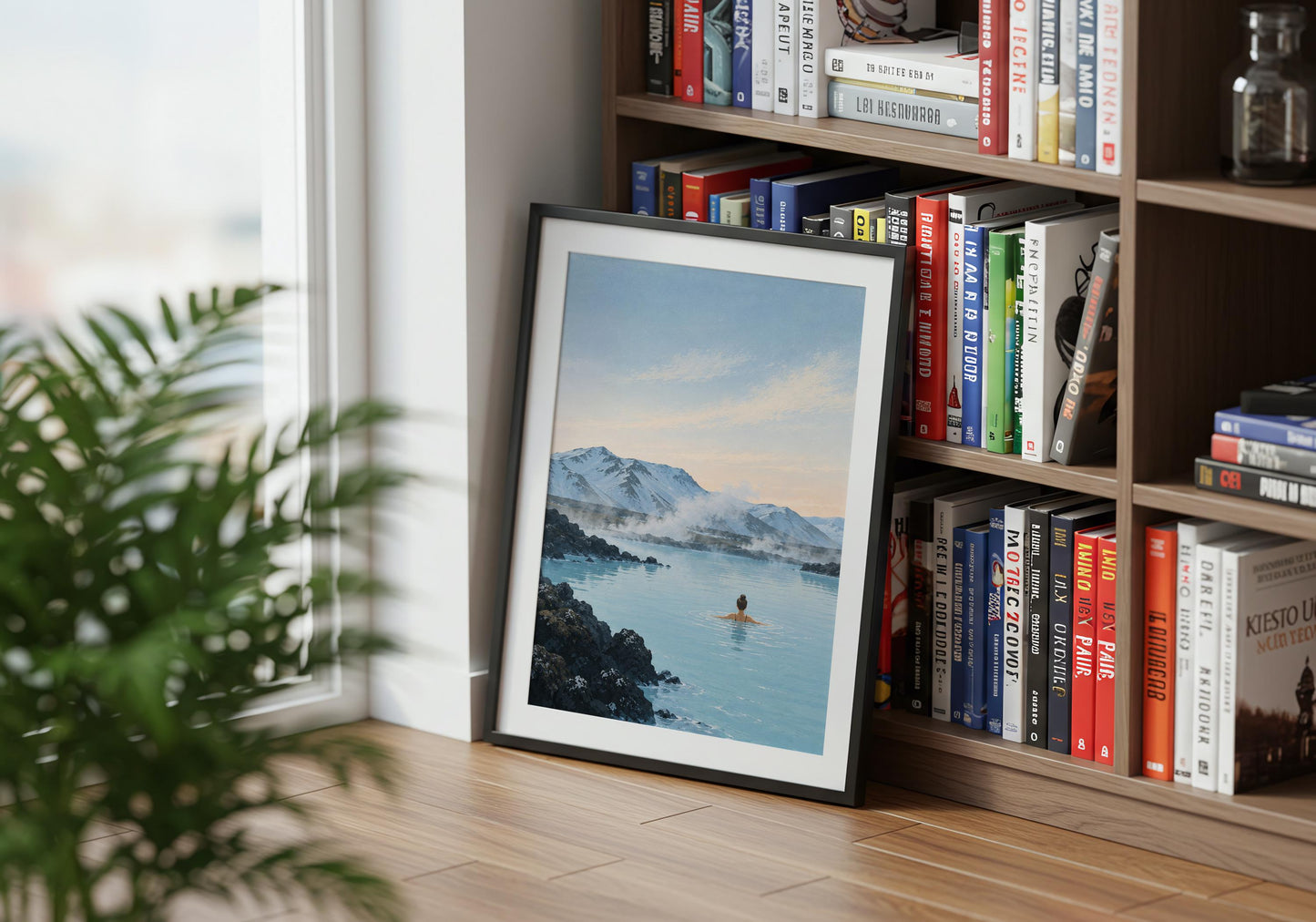 Serene bathroom wall art featuring tranquil blue water, rising geothermal steam and a lone figure within a dramatic Nordic landscape.