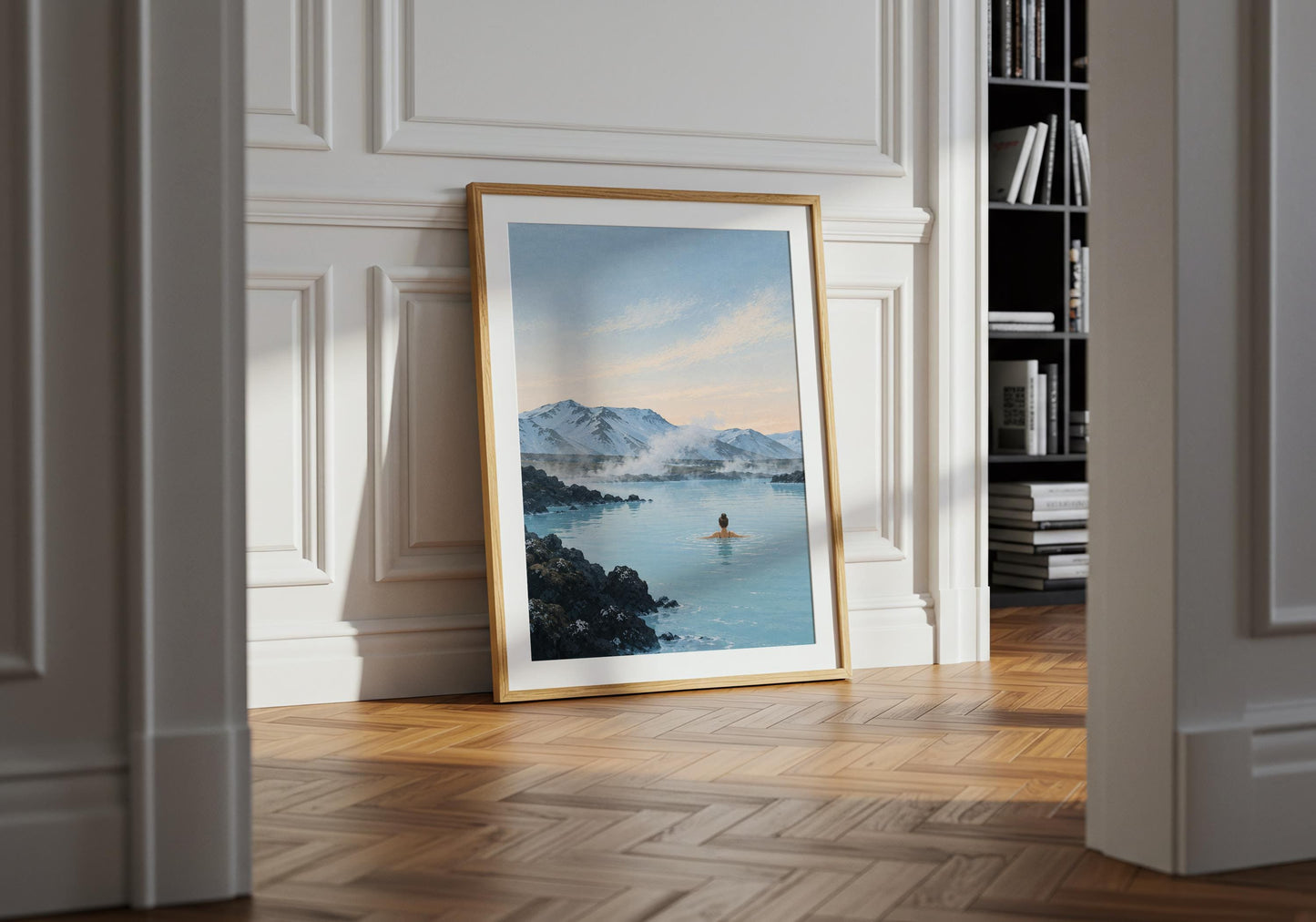 Blue Lagoon inspired artwork with a solitary swimmer relaxing in calm geothermal water against an Icelandic mountain landscape.