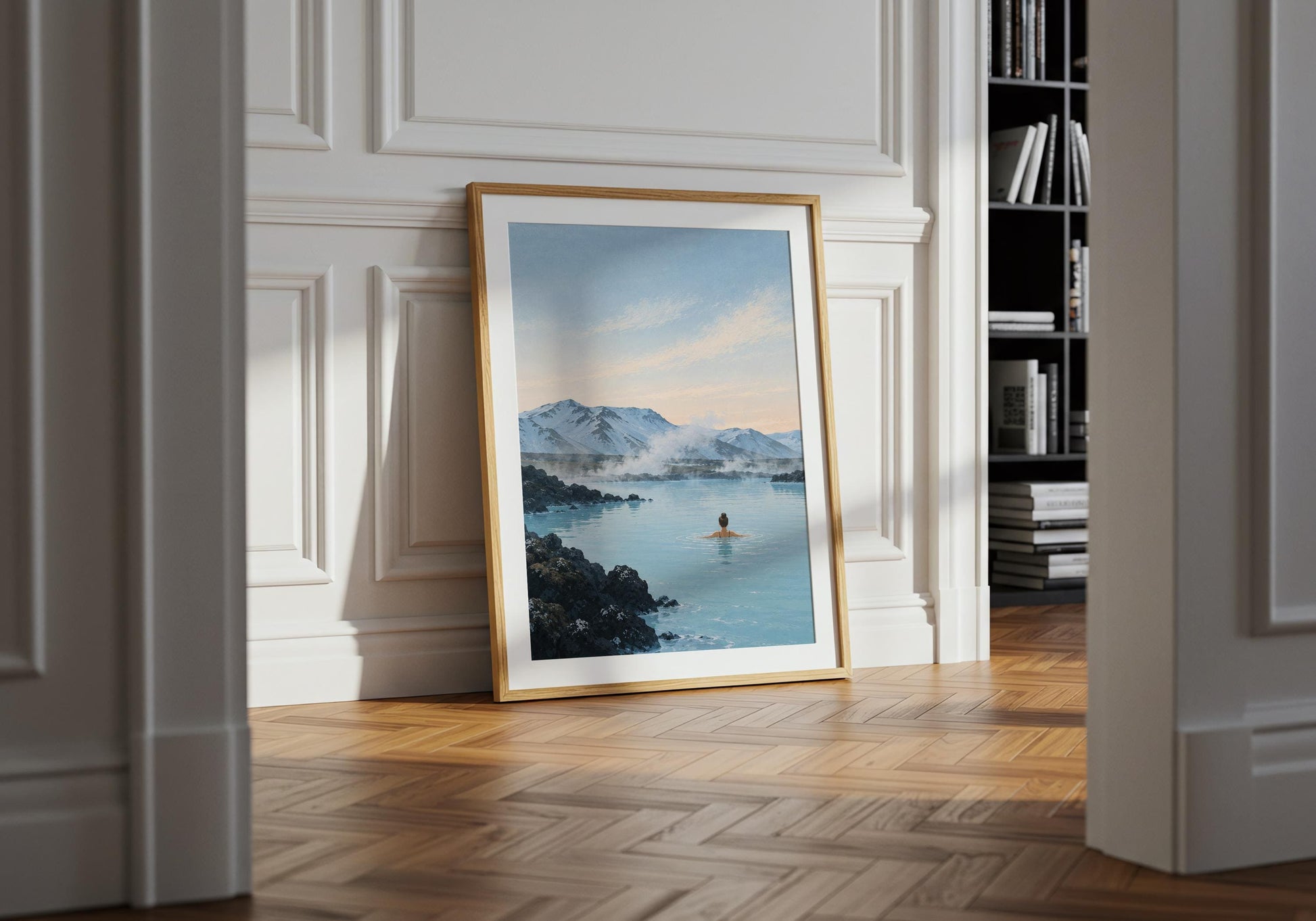 Blue Lagoon inspired artwork with a solitary swimmer relaxing in calm geothermal water against an Icelandic mountain landscape.