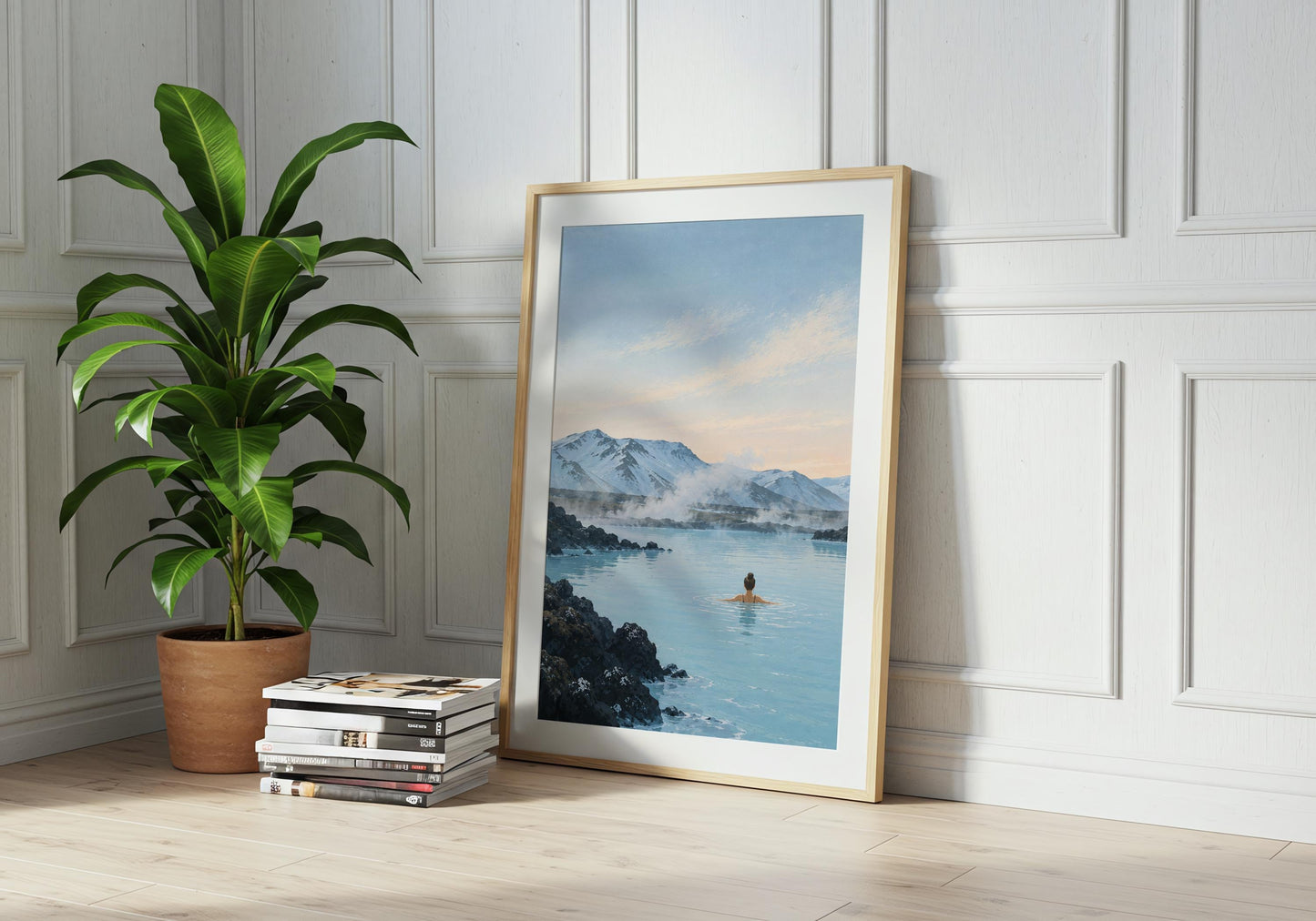 Minimalist Nordic travel print showing a swimmer surrounded by Iceland-inspired volcanic scenery and cool blue water.