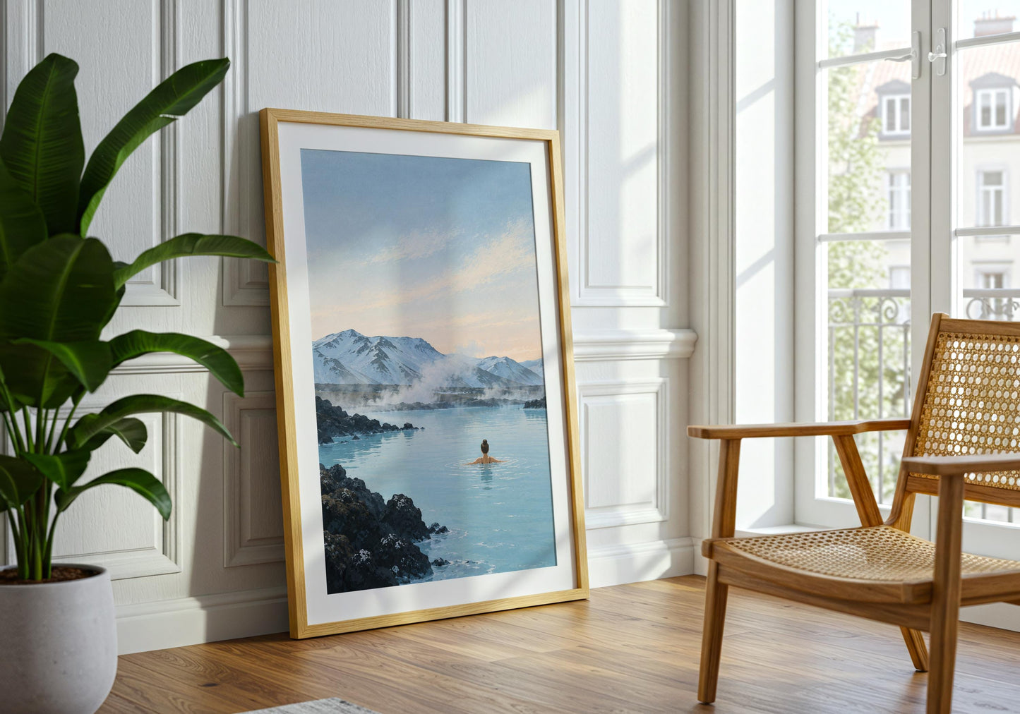 Atmospheric Iceland art print depicting a peaceful geothermal lagoon surrounded by rugged black rock and winter mountains.