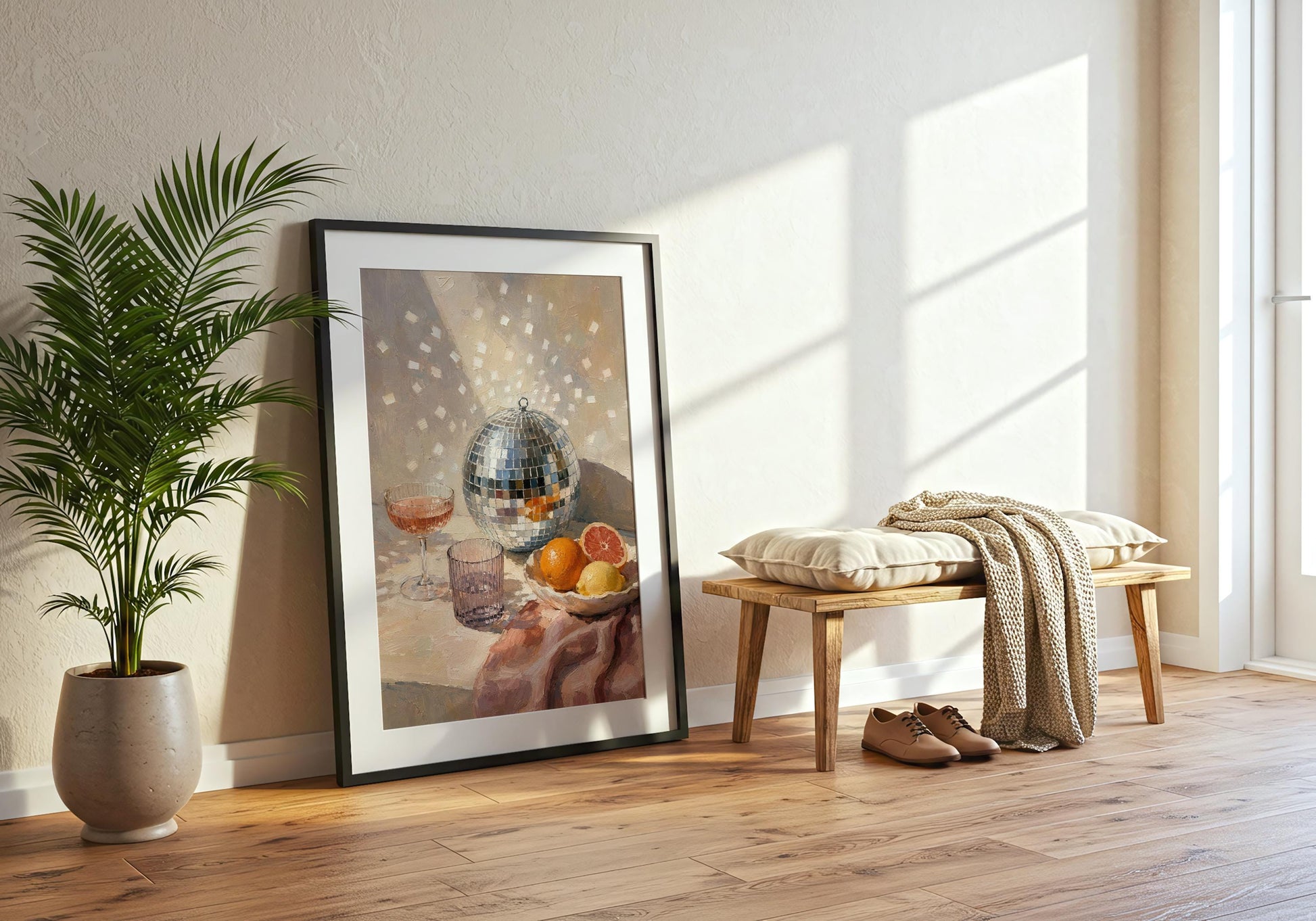 Vintage-inspired still life artwork featuring reflective disco ball tiles, colourful citrus fruit and elegant cocktail glasses.
