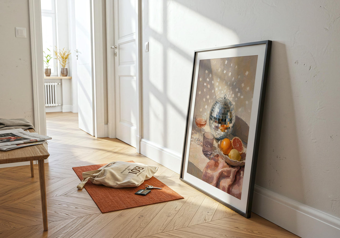 Textured 70s-inspired wall art showing glassware, citrus fruit and a sparkling disco ball with reflected light across the background.