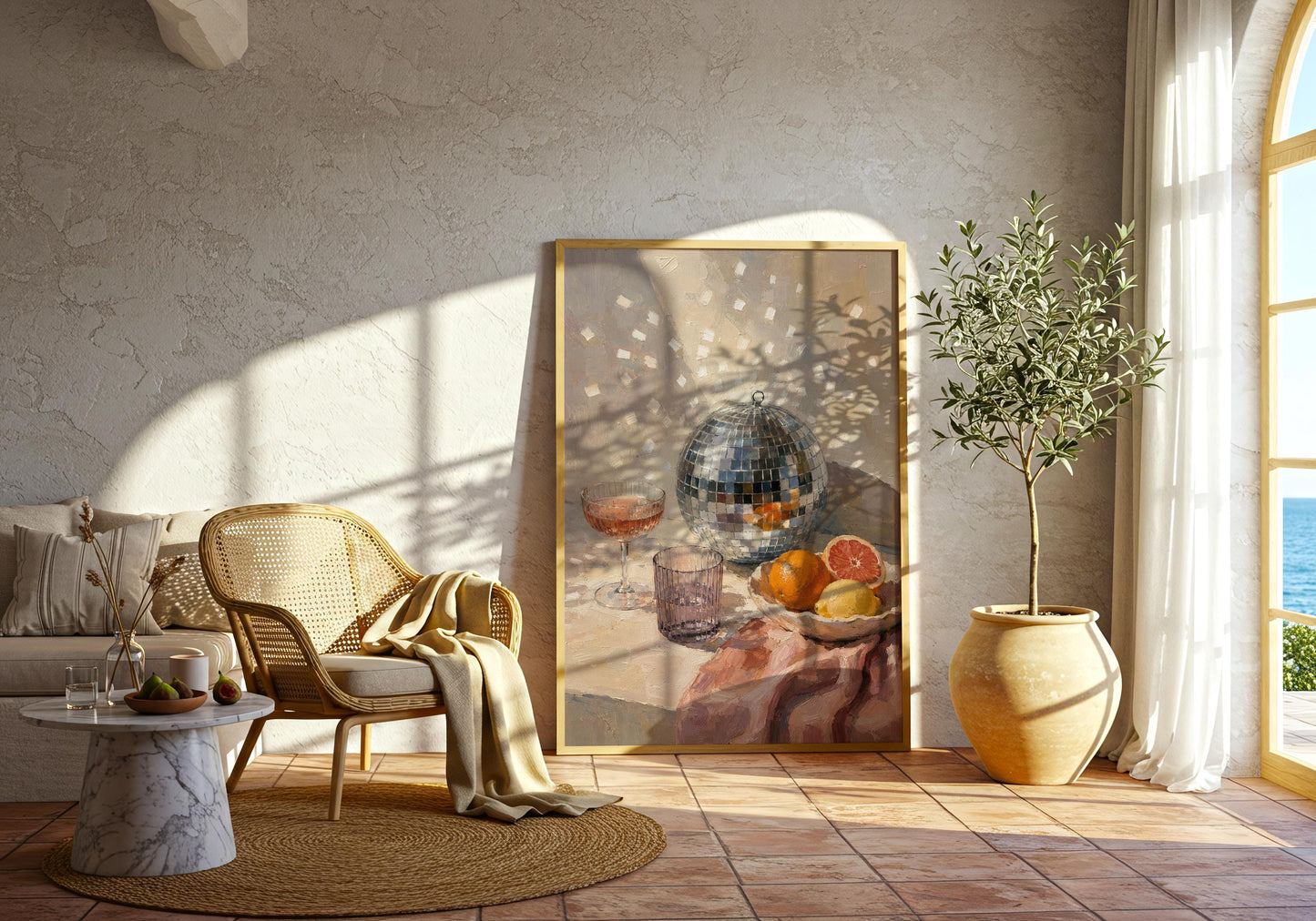 Colourful cocktail lover print with painterly brushwork, a coupe glass, purple tumbler and bowl of fresh citrus fruit.