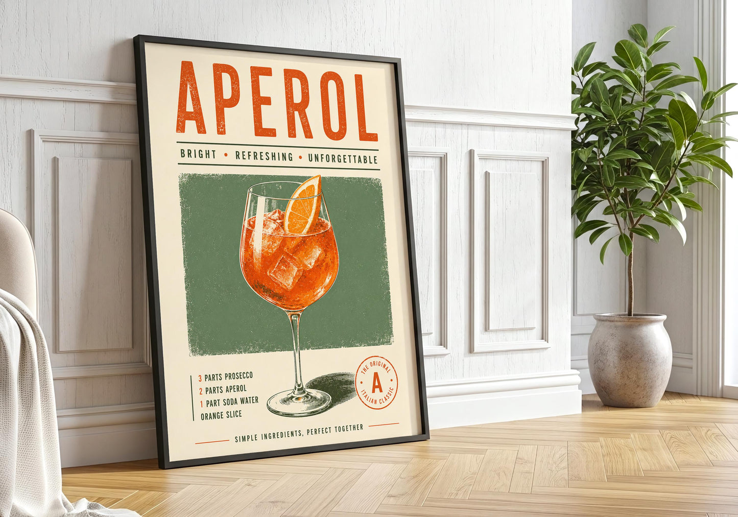 Vintage-inspired Italian cocktail wall art with Aperol Spritz illustration, orange garnish and cream background.