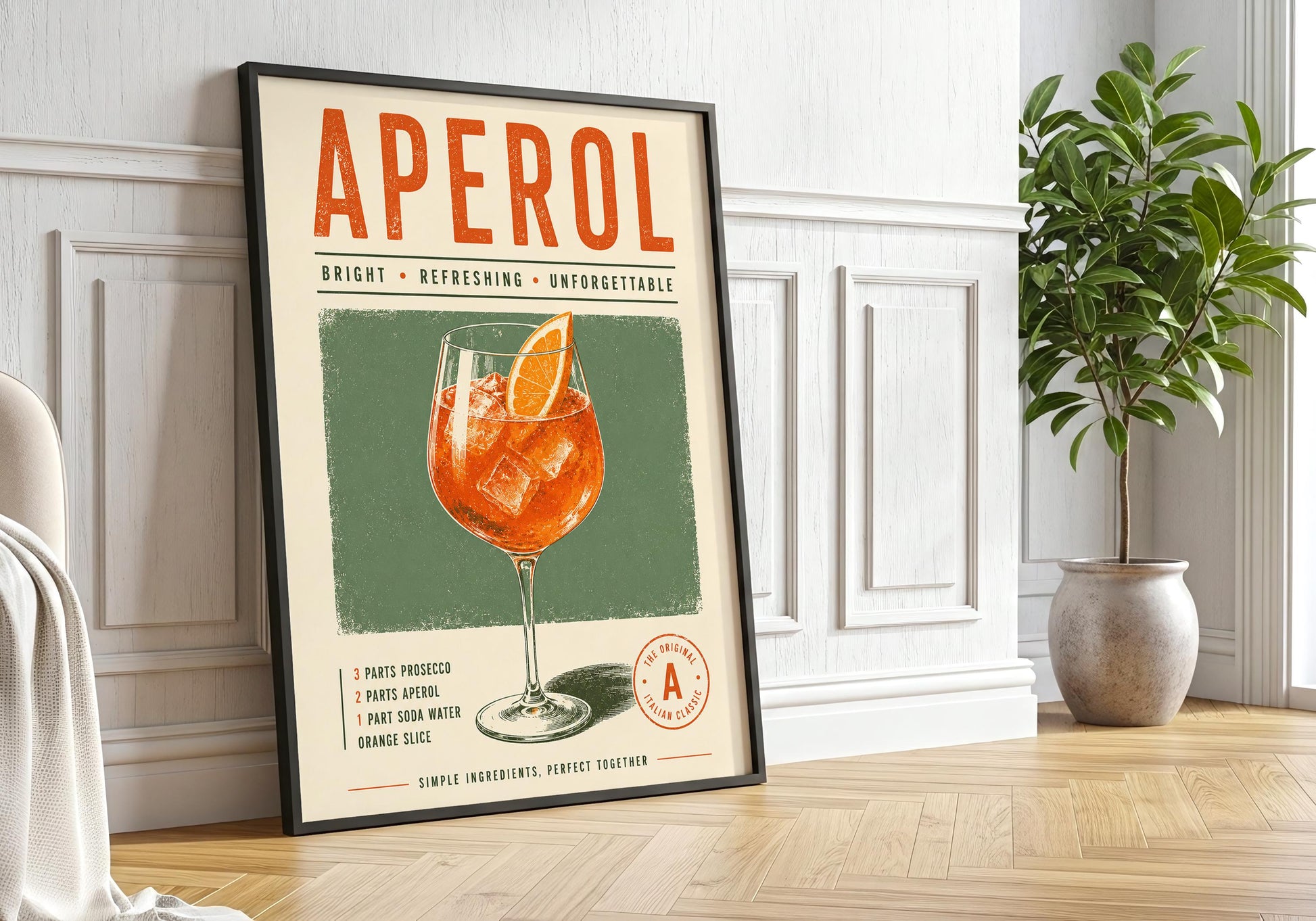 Vintage-inspired Italian cocktail wall art with Aperol Spritz illustration, orange garnish and cream background.