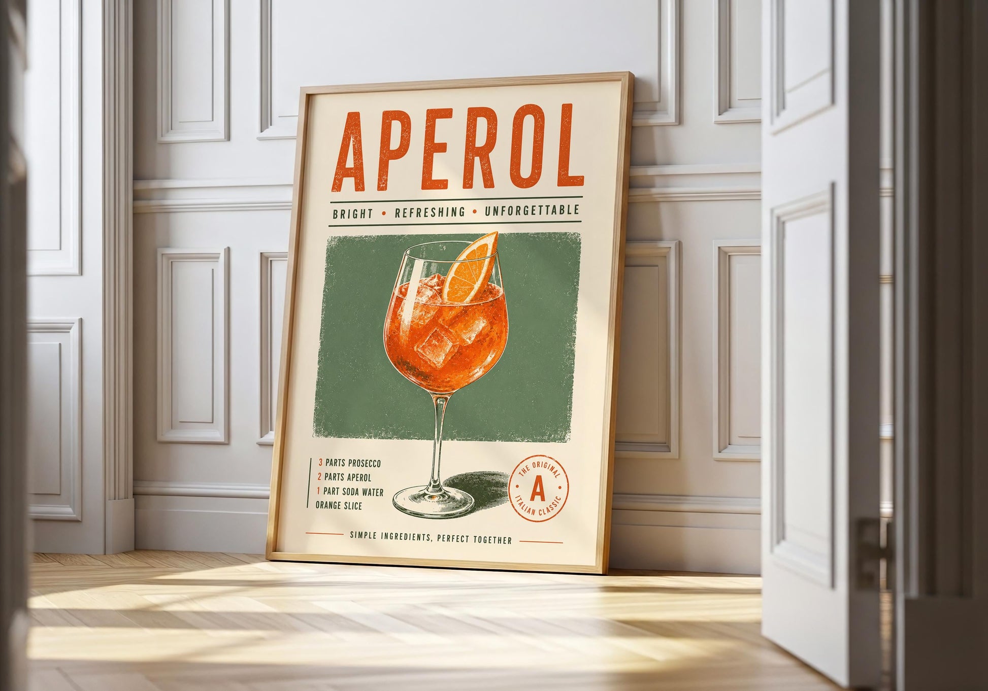 Retro Aperol Spritz poster featuring an orange cocktail in a stemmed glass against a muted sage green background.