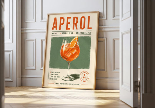 Retro Aperol Spritz poster featuring an orange cocktail in a stemmed glass against a muted sage green background.