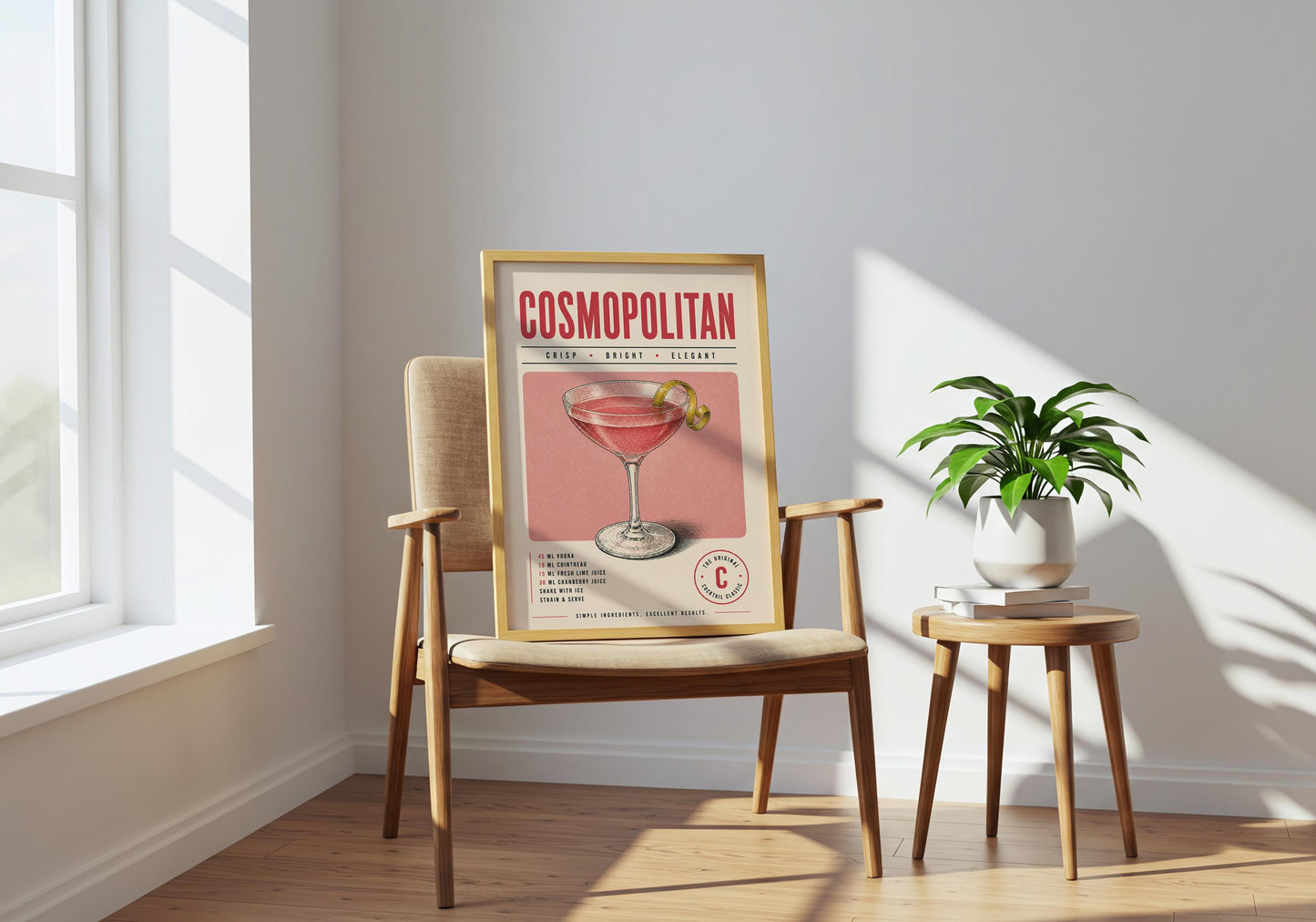 Vintage-inspired Cosmopolitan poster featuring a pink cocktail, citrus twist and recipe-style typography.