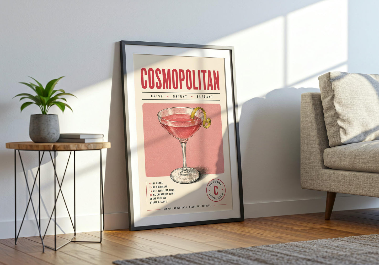 Retro pink and red bar print with illustrated Cosmopolitan cocktail glass on a warm cream background.