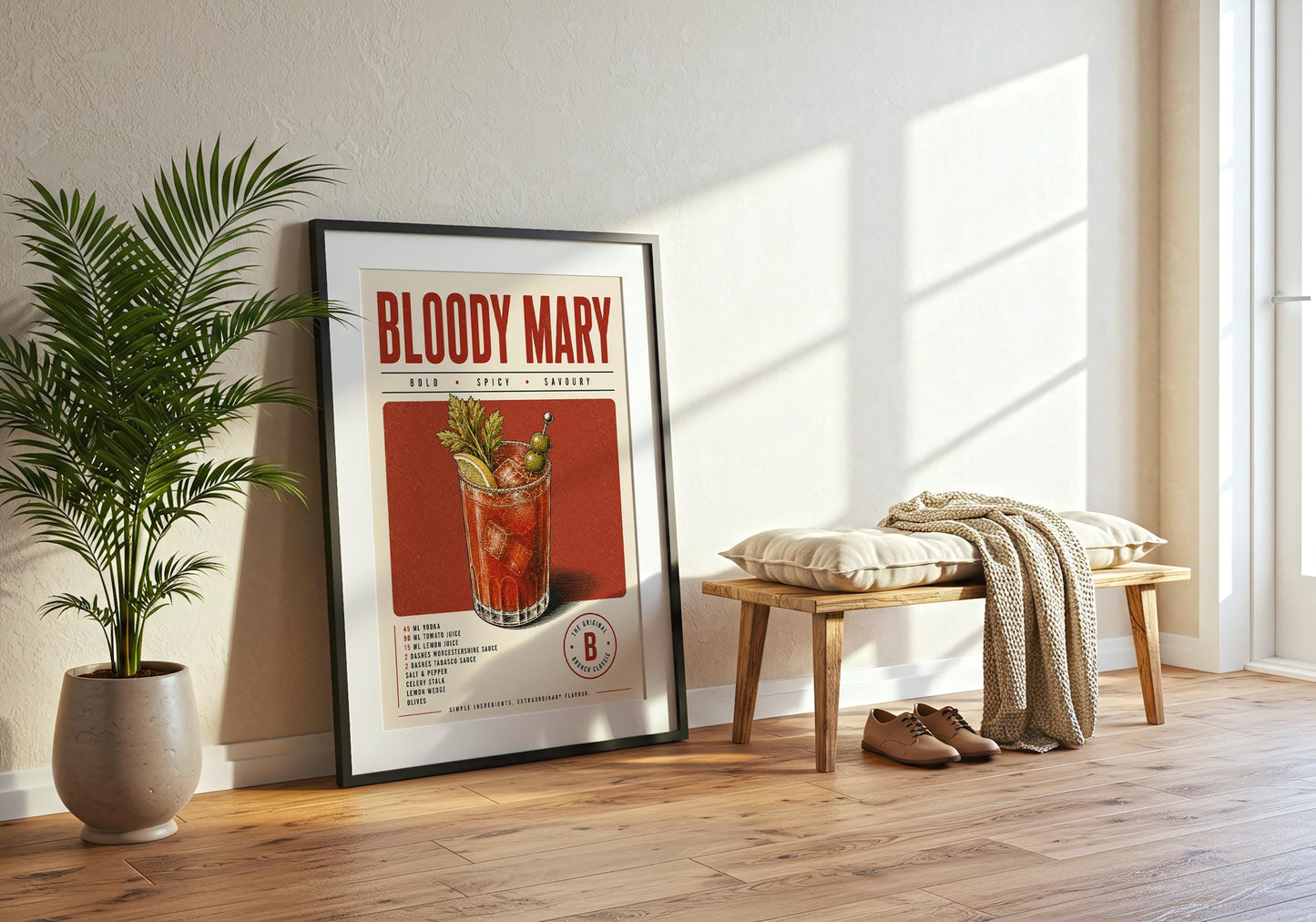 Vintage brunch wall art featuring a detailed Bloody Mary cocktail against a rich tomato-red background.
