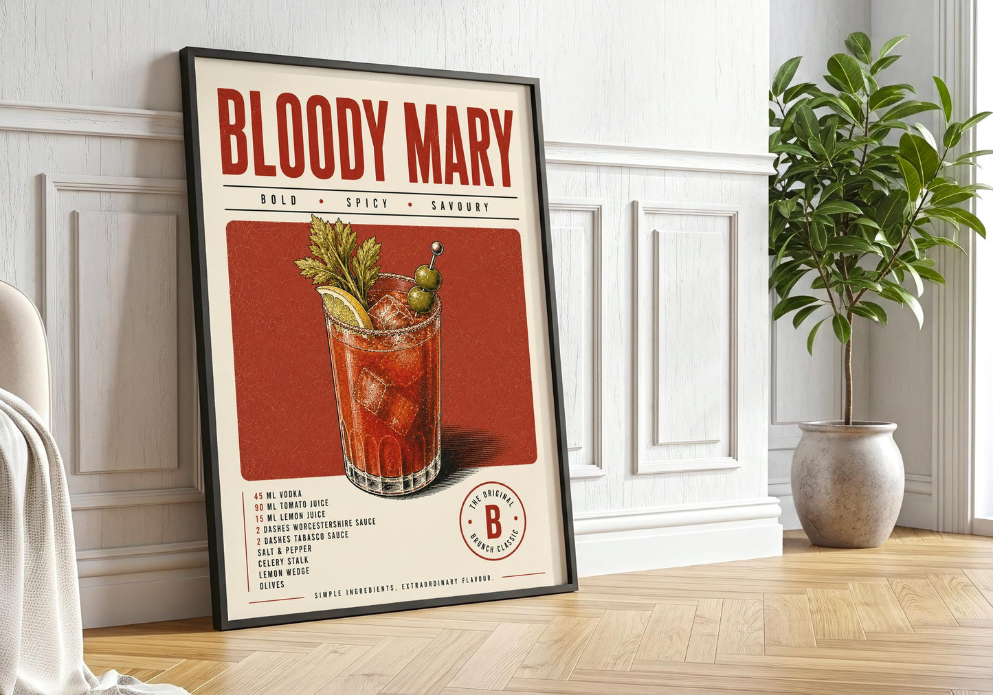 Retro Bloody Mary wall art with bold red typography, illustrated cocktail glass and warm cream background.