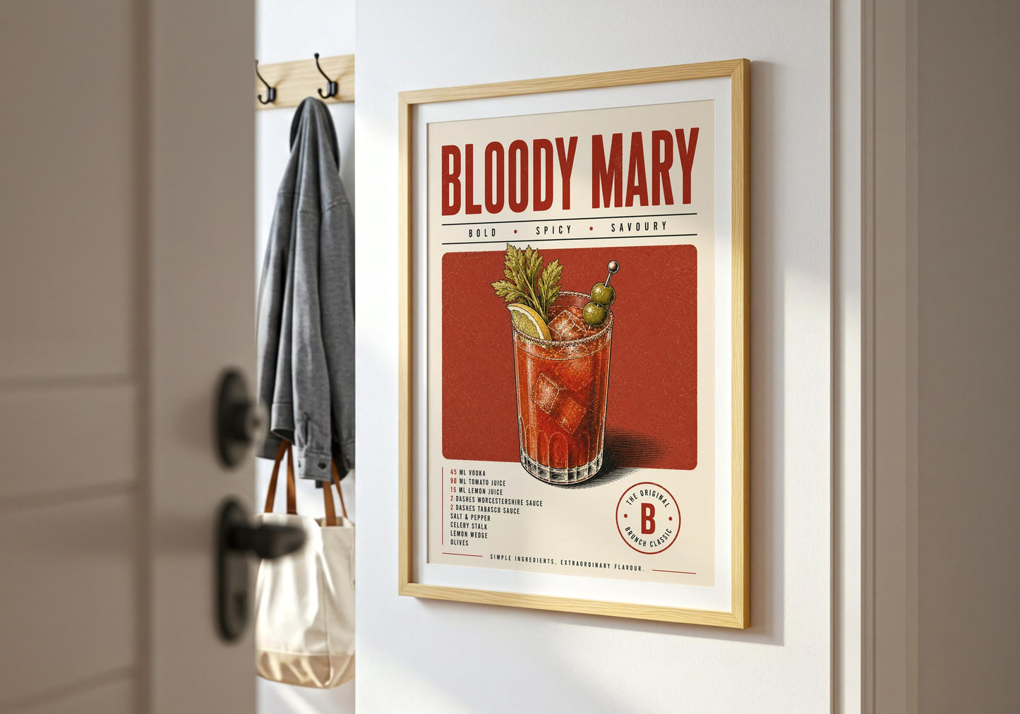 Retro kitchen print in red, olive green and cream with an illustrated Bloody Mary and classic garnishes.