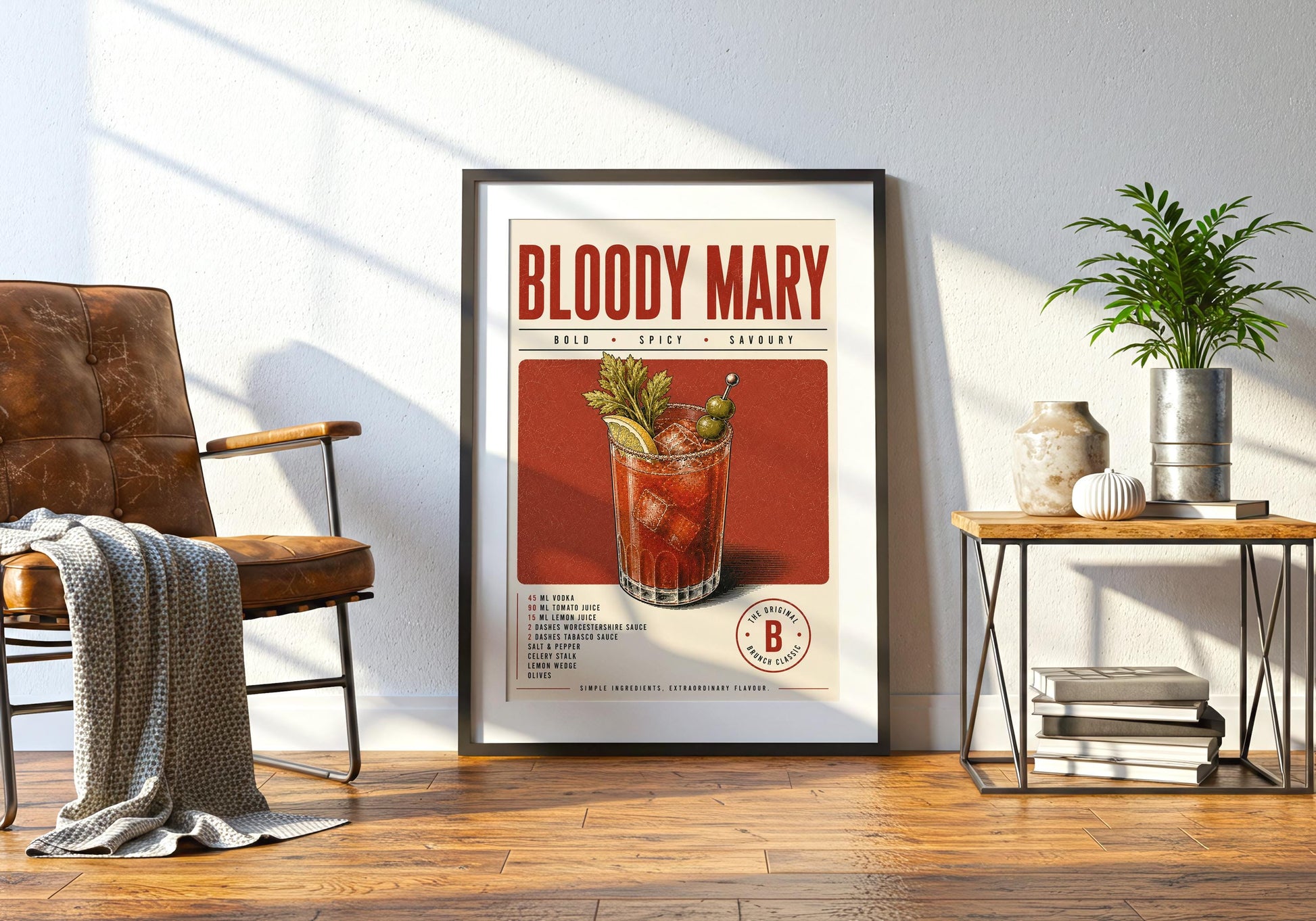 Vintage drinks advertising style Bloody Mary print designed for a kitchen, brunch nook, dining room or home bar.
