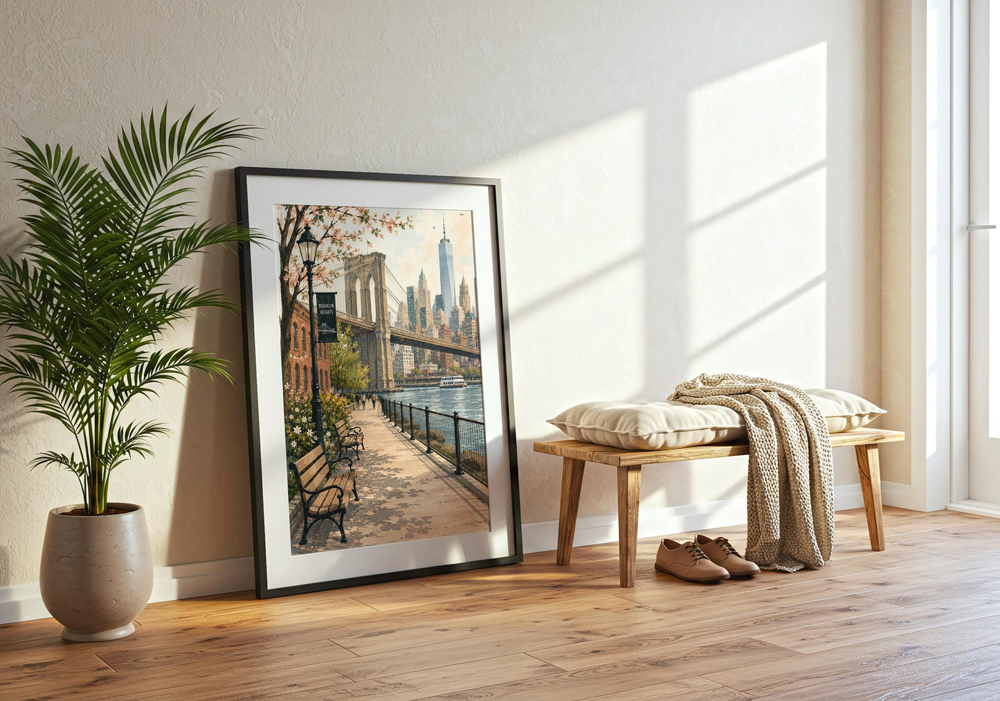 Vintage travel style NYC artwork with Brooklyn Bridge, waterfront benches, flowers and a classic streetlamp.