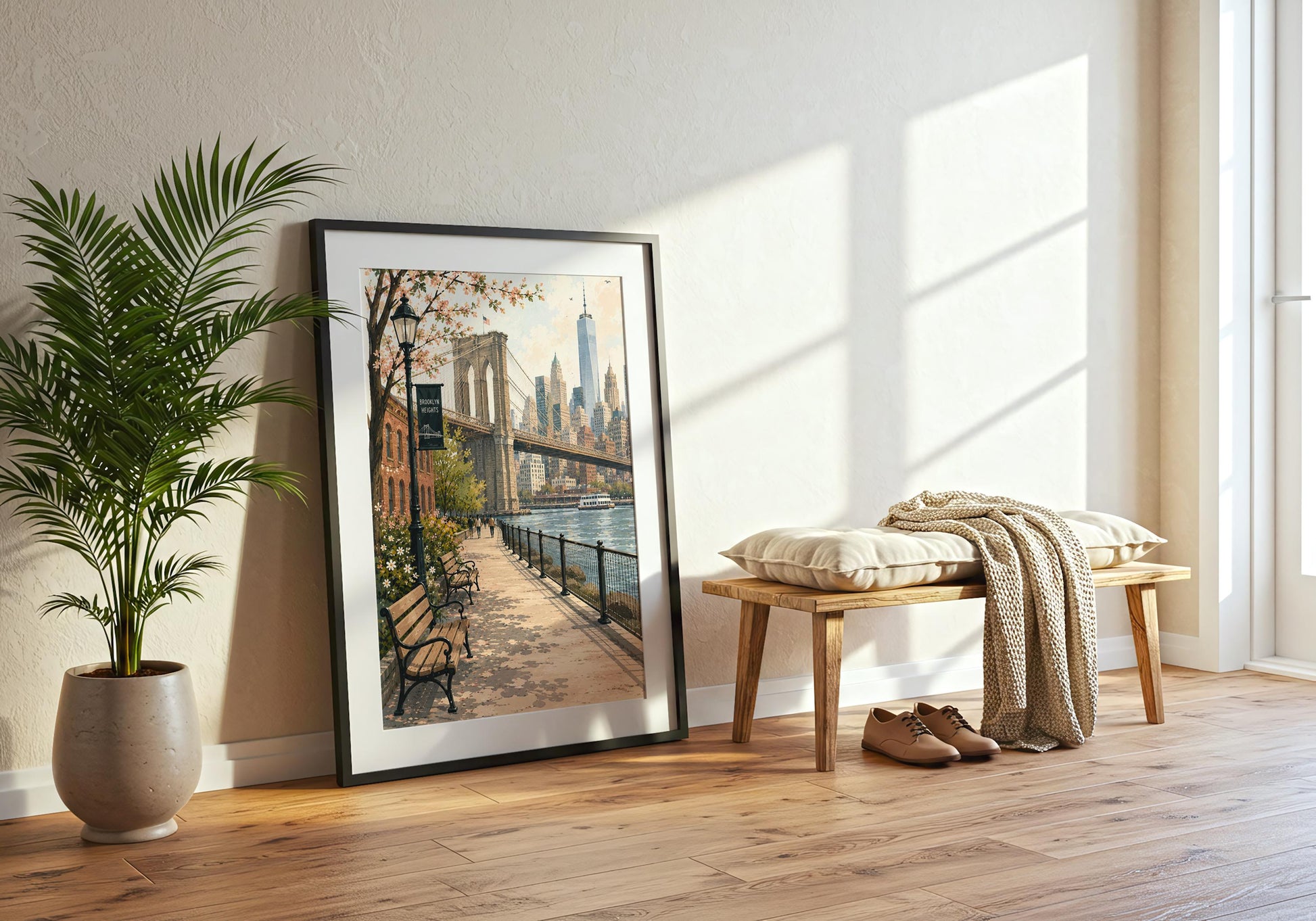 Vintage travel style NYC artwork with Brooklyn Bridge, waterfront benches, flowers and a classic streetlamp.