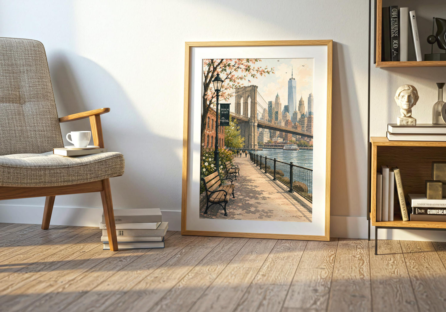 Painterly New York skyline artwork in soft peach, cream, blue and terracotta tones overlooking the East River.