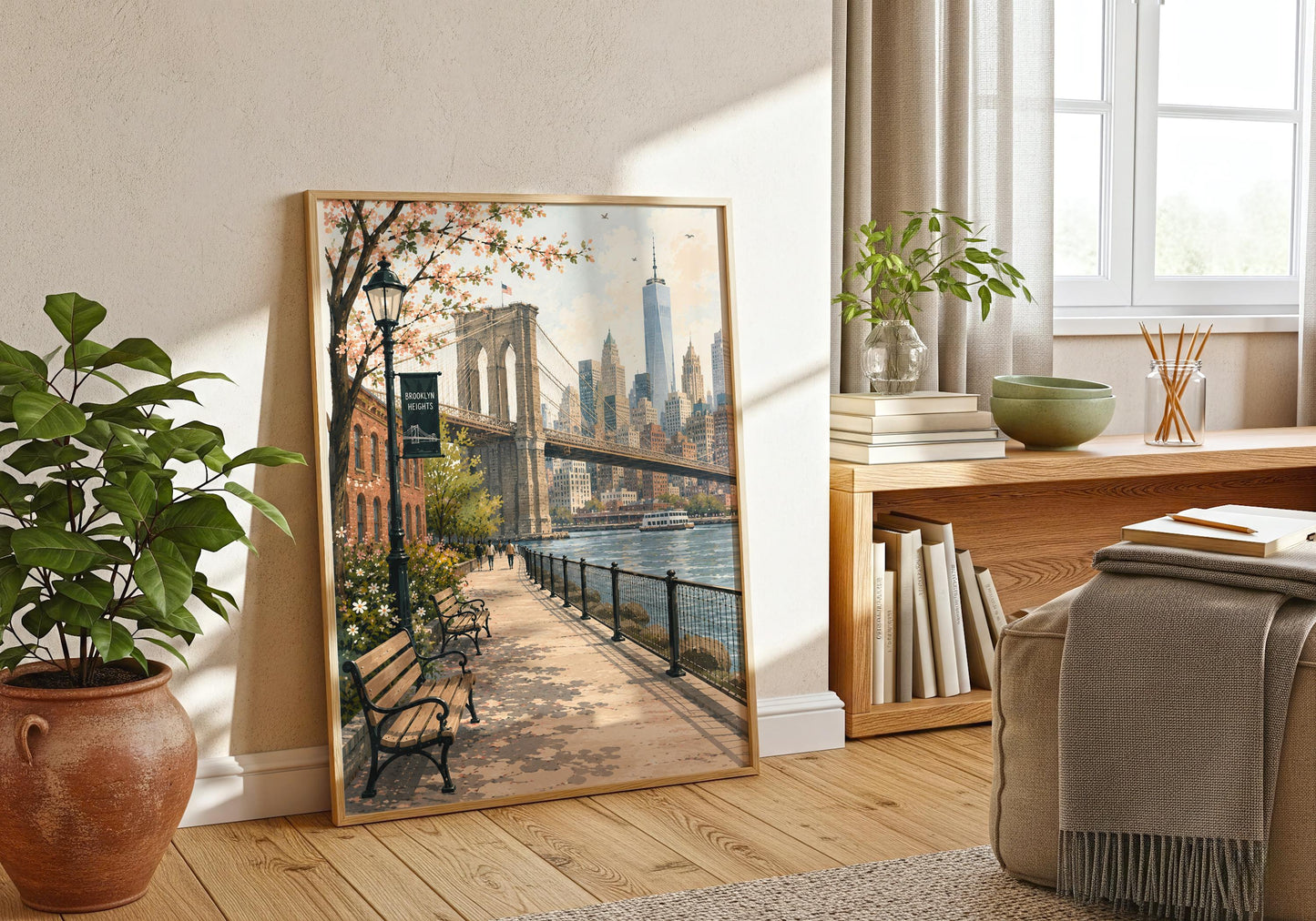 New York City print featuring Brooklyn Bridge, One World Trade Center and the Lower Manhattan skyline in warm vintage colours.