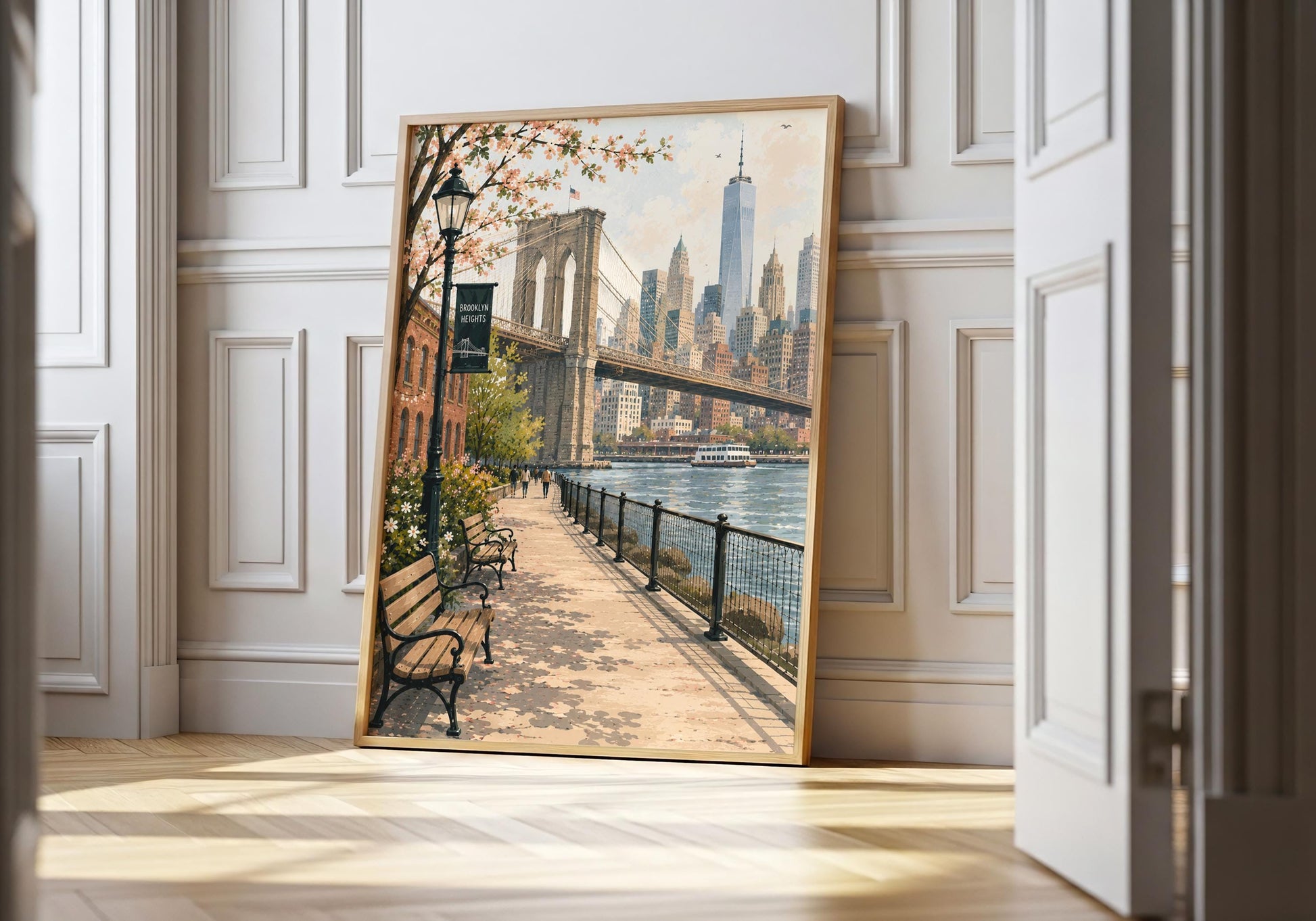 Brooklyn Bridge wall art showing the Manhattan skyline from a sunny Brooklyn waterfront promenade with flowering spring trees.