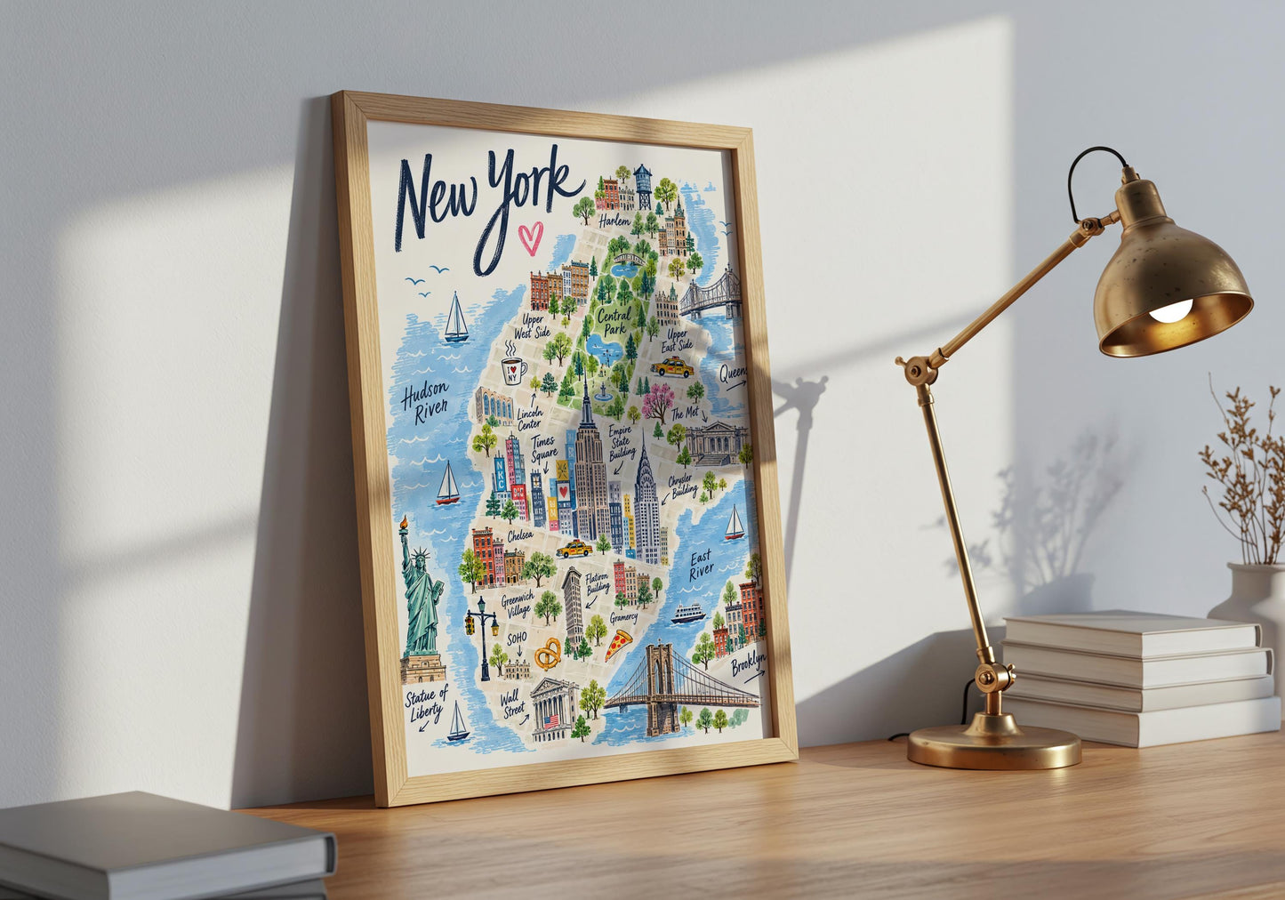 New York travel poster with an illustrated Manhattan map surrounded by blue water and iconic city landmarks.