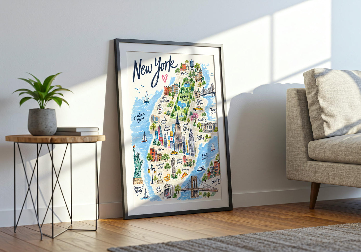 Hand-drawn Manhattan wall art in blue, green, navy and warm multicolour tones on a cream background.