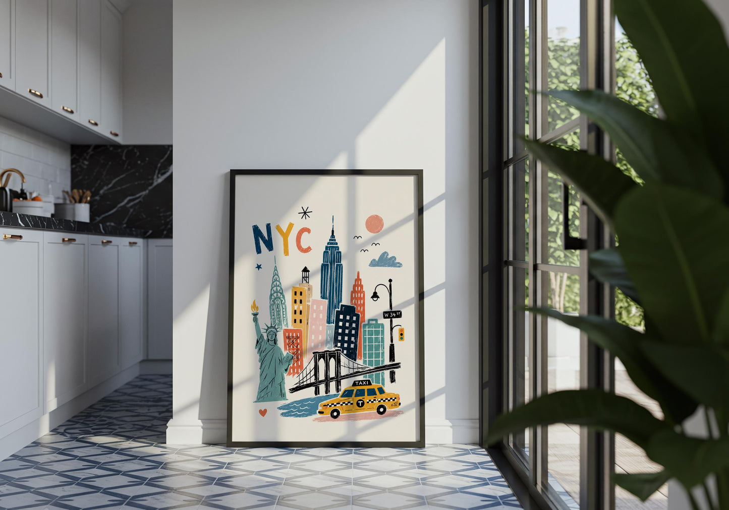 Retro-inspired New York City print with textured mid-century style illustration and colourful urban landmarks.