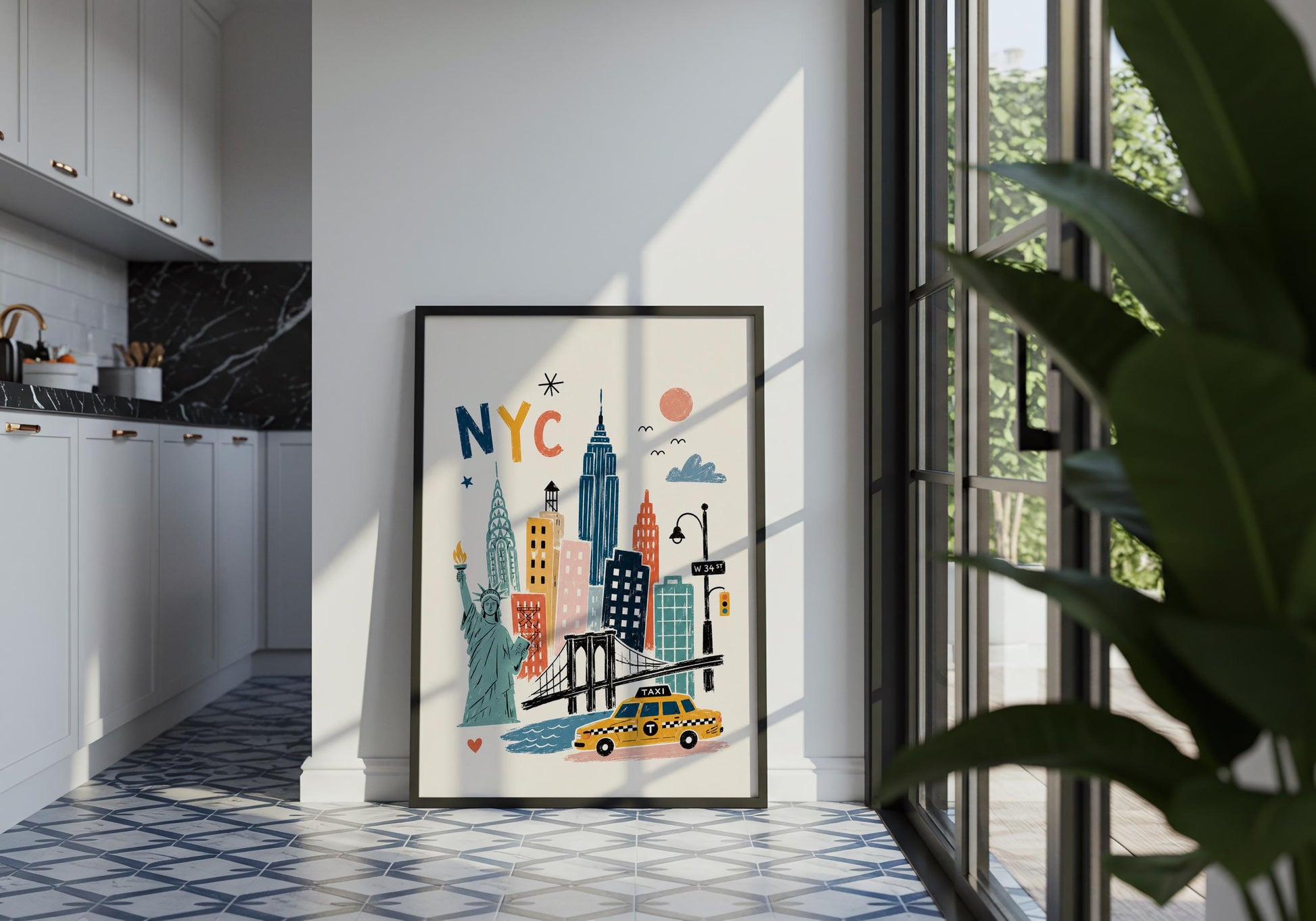 Retro-inspired New York City print with textured mid-century style illustration and colourful urban landmarks.