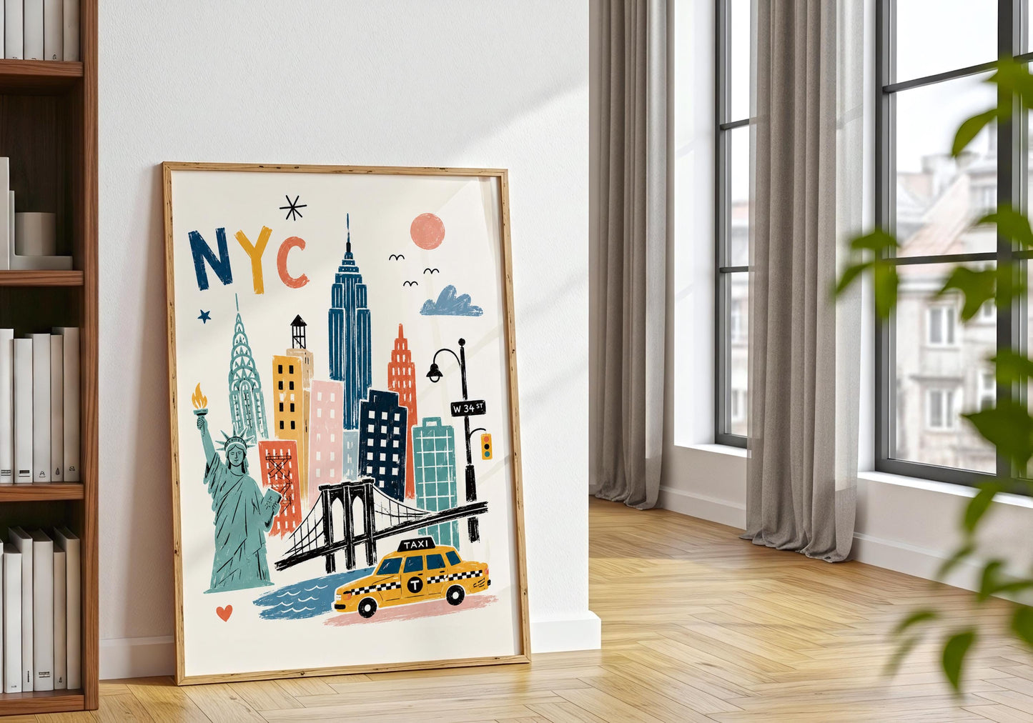 Retro NYC wall art with the Empire State Building, Chrysler Building and colourful hand-drawn New York skyline.