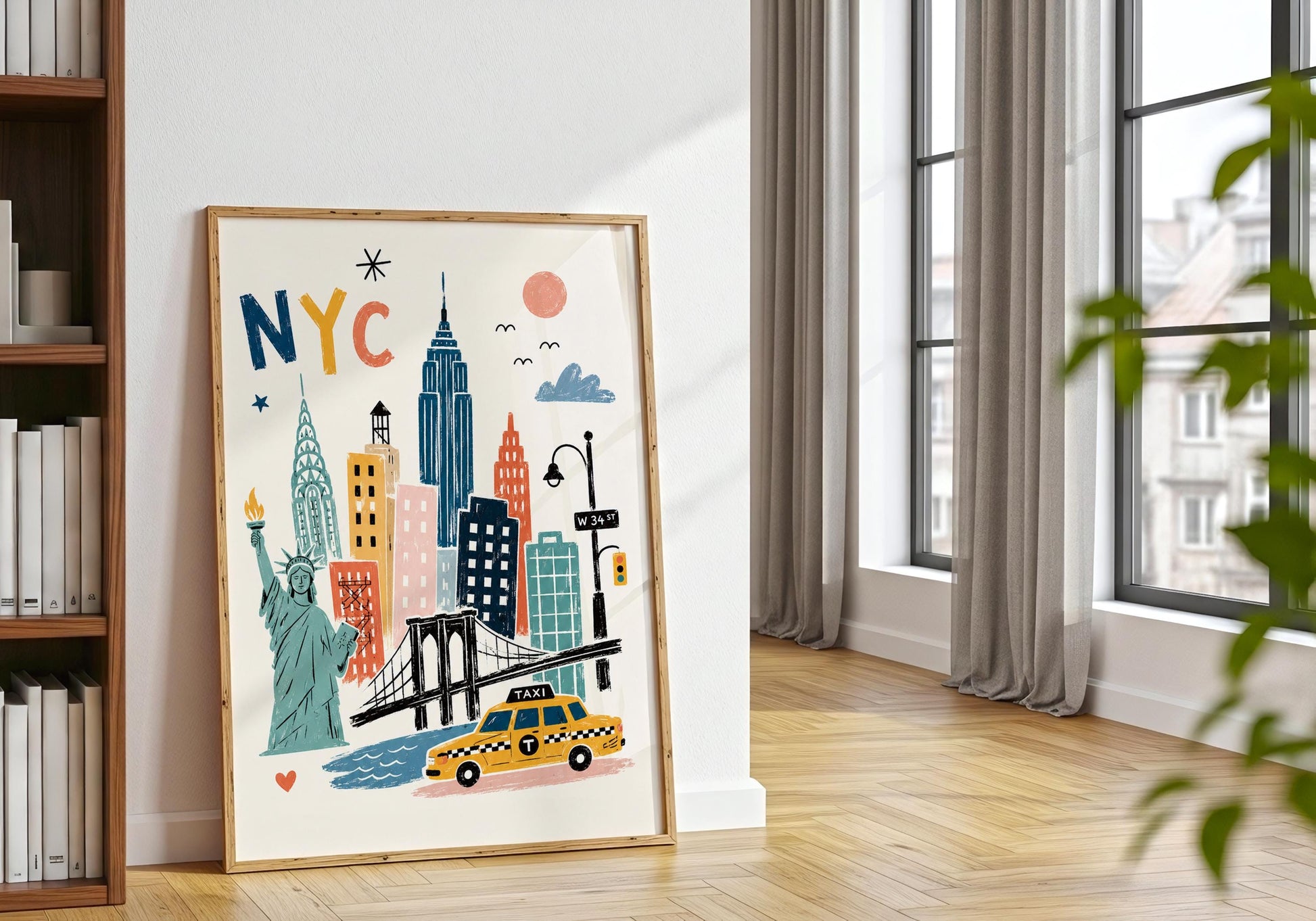 Retro NYC wall art with the Empire State Building, Chrysler Building and colourful hand-drawn New York skyline.