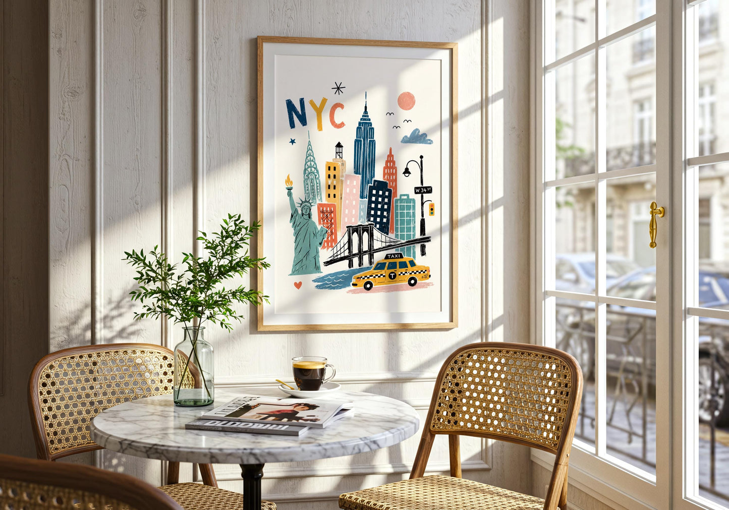 New York travel poster in teal, mustard, coral and blue with iconic city architecture and a classic yellow taxi.