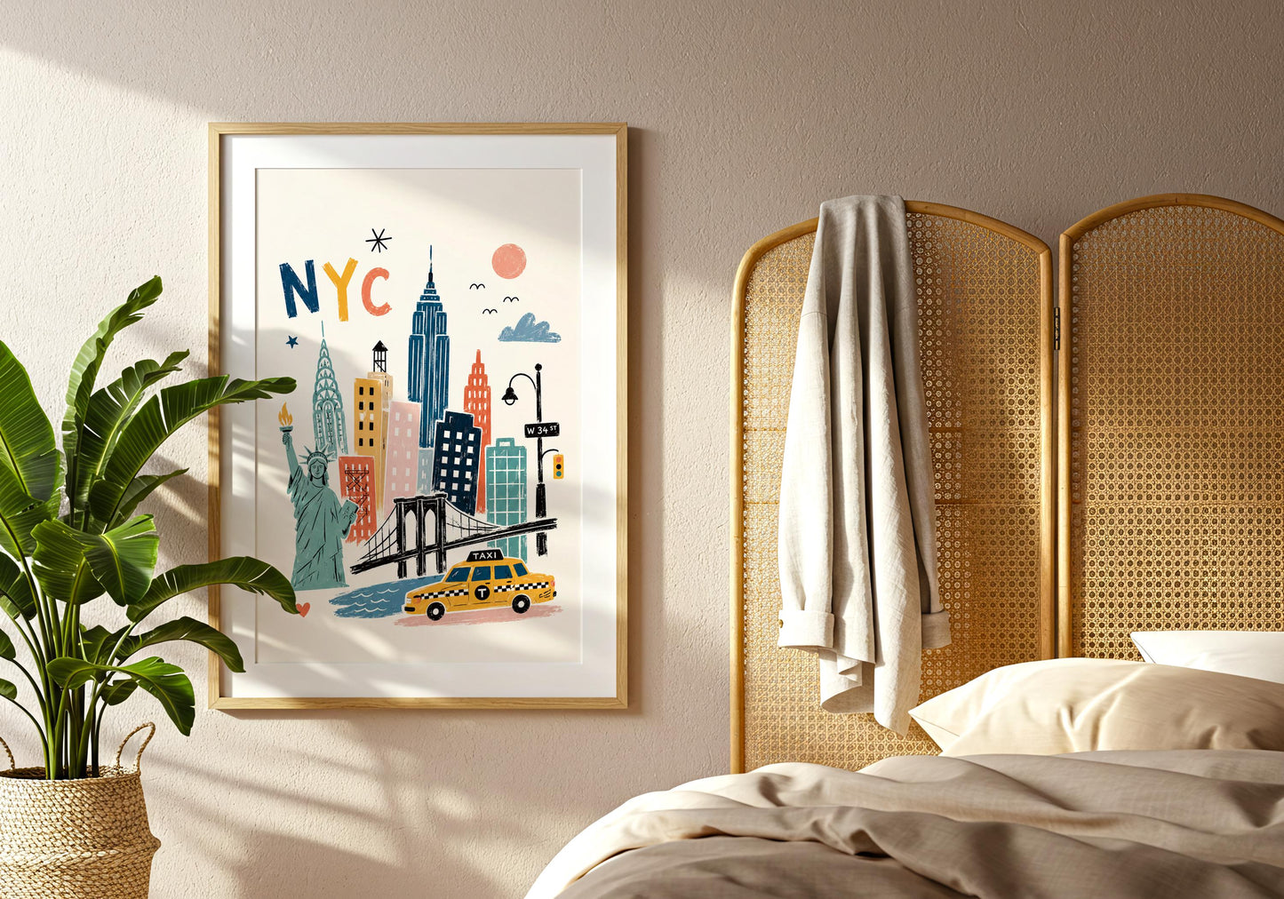 Playful New York wall art with hand-drawn city landmarks, birds, sun, street lamp and yellow cab.