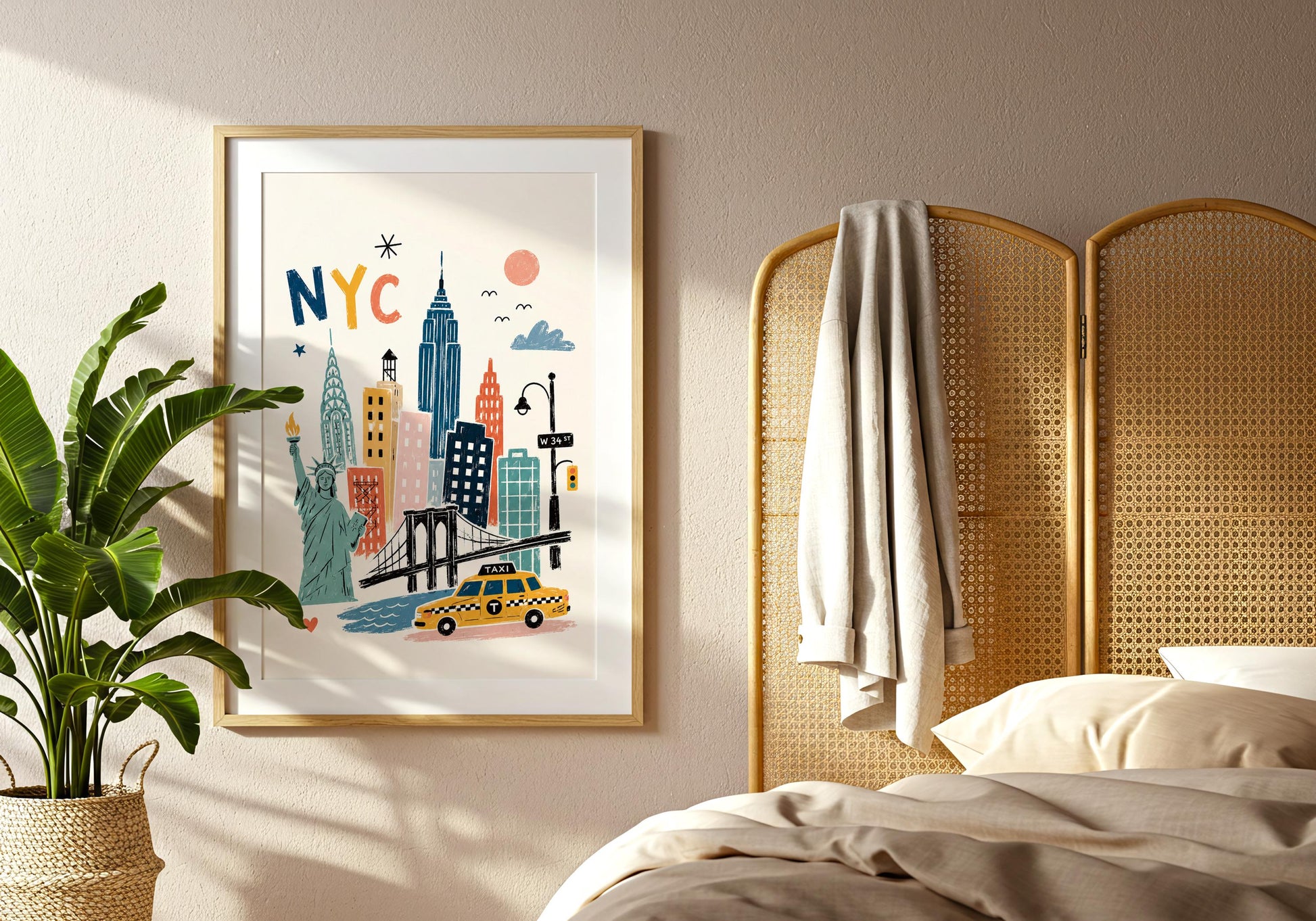 Playful New York wall art with hand-drawn city landmarks, birds, sun, street lamp and yellow cab.