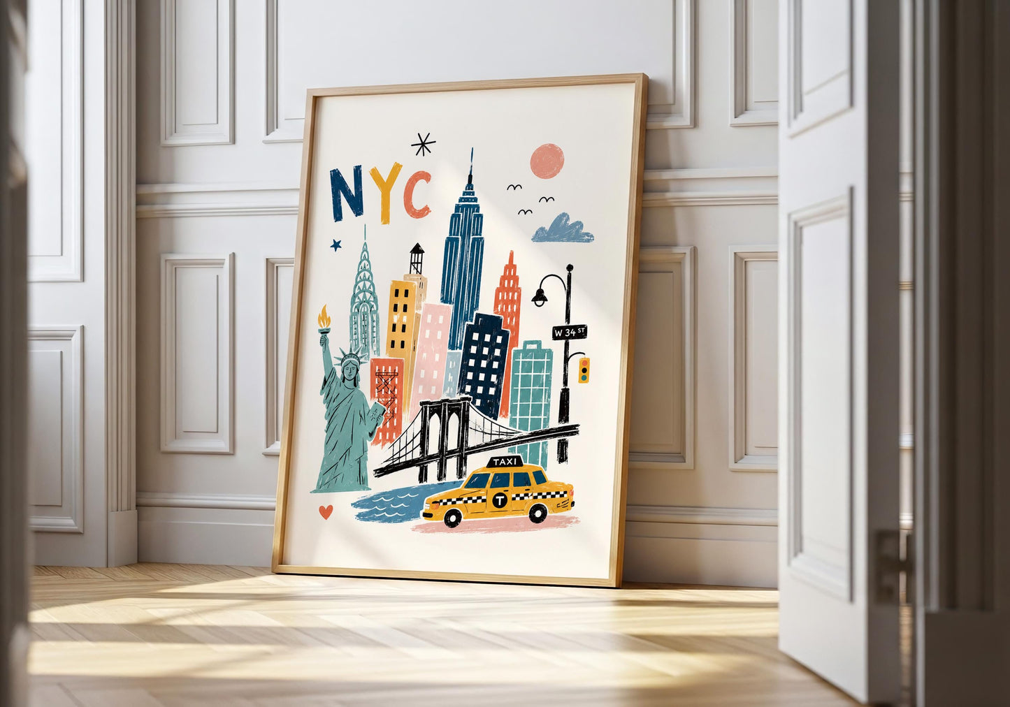 Colourful New York City art print featuring illustrated Manhattan landmarks, the Statue of Liberty, Brooklyn Bridge and yellow taxi.