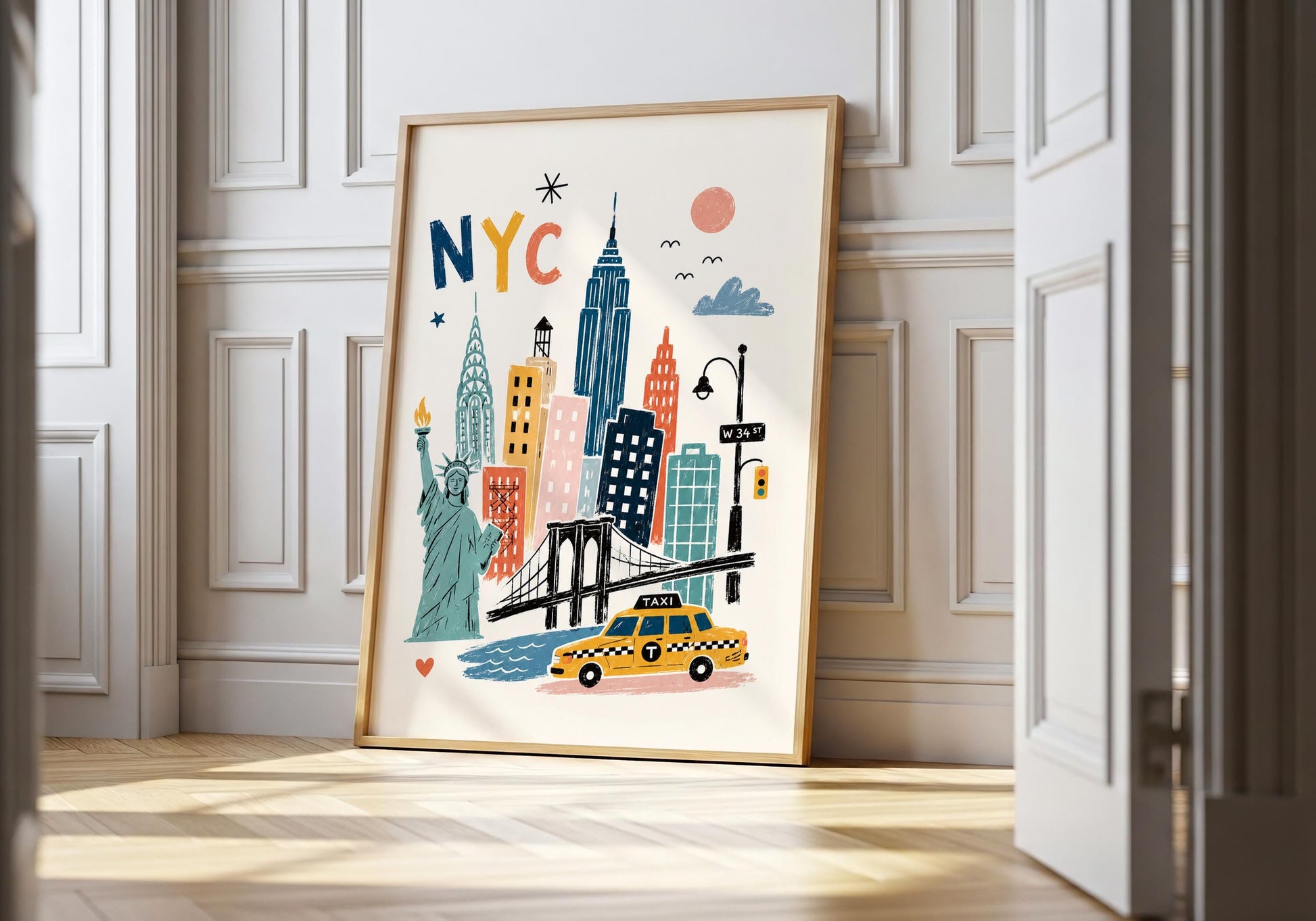 Colourful New York City art print featuring illustrated Manhattan landmarks, the Statue of Liberty, Brooklyn Bridge and yellow taxi.