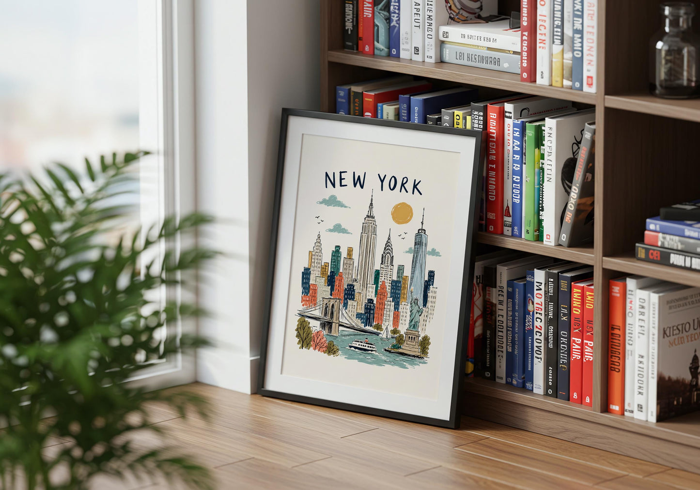 Manhattan skyline wall art with detailed architectural linework and muted retro colours for an eclectic interior.