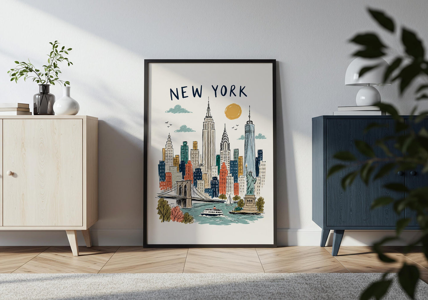 Illustrated NYC skyline print showing the Empire State Building, Chrysler Building and One World Trade Center.